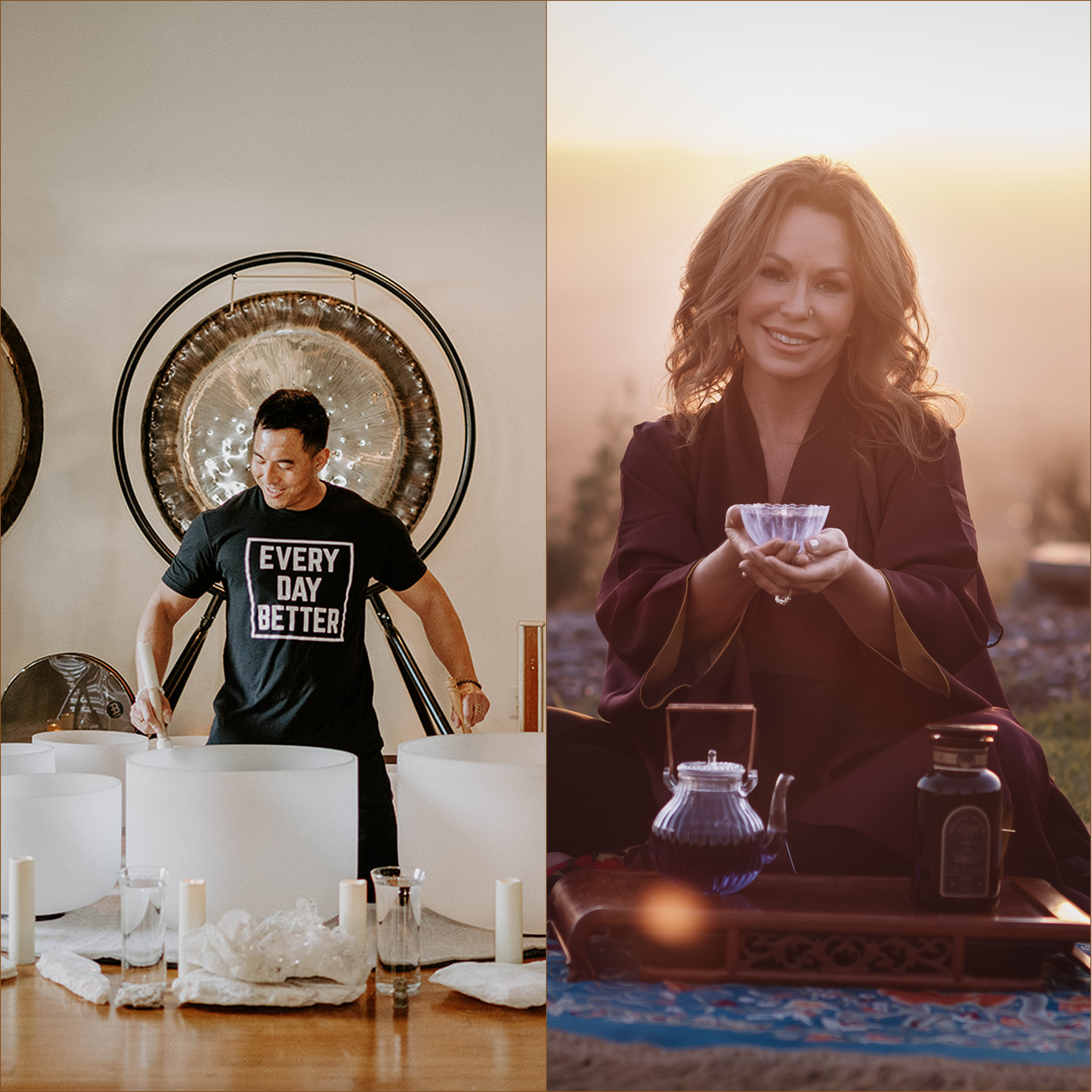 At Magic Hour Summer Soiree with Kyle Lam, a man fills the air indoors with a soothing sound bath on crystal singing bowls and gongs, while outside at sunset, a woman in a robe smiles as she enjoys tea from a teapot and cups set atop a patterned mat—making for the perfect evening event.
