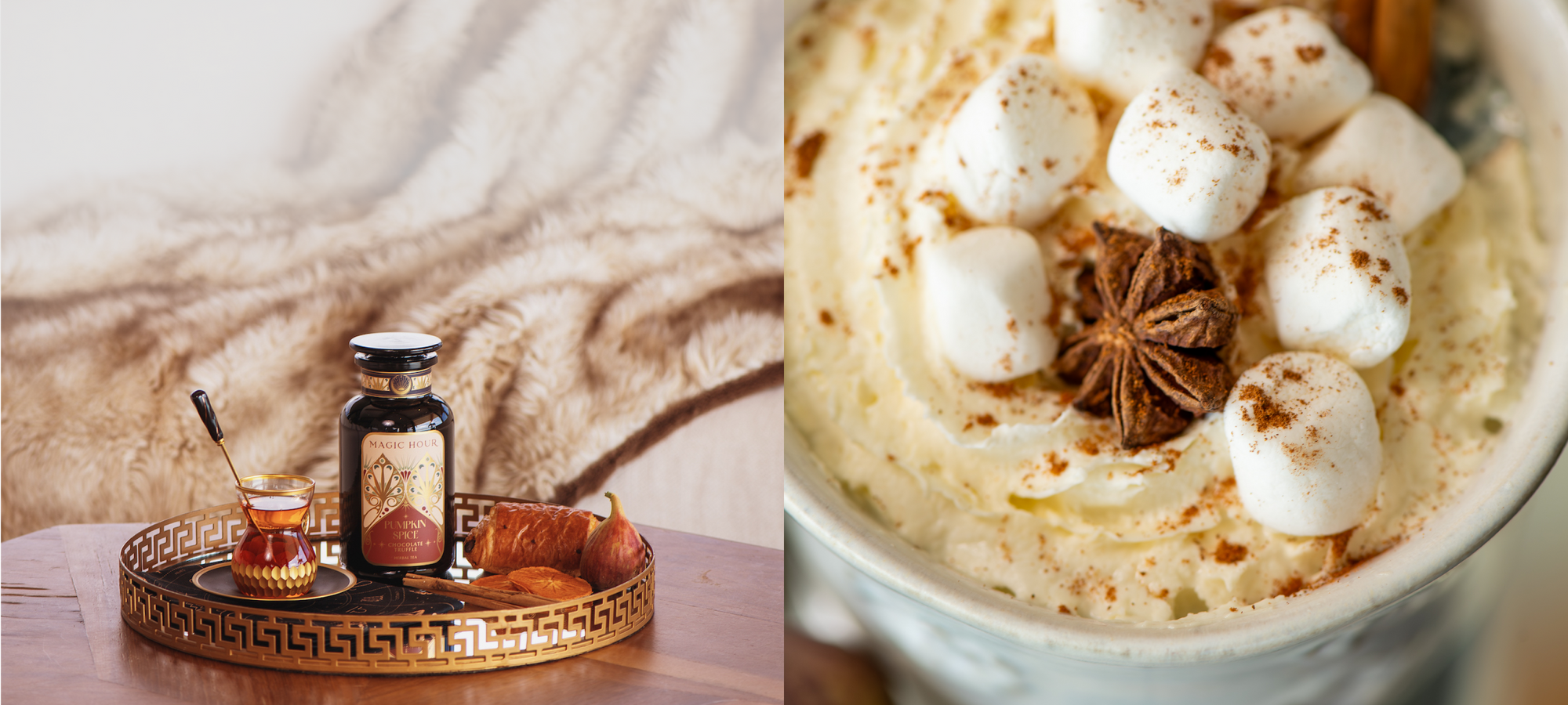 A cozy scene featuring a tray with a honey jar, honey dipper, and glass of tea on a table with a furry blanket in the background. Next to it, a bowl of whipped cream topped with marshmallows, cinnamon, and star anise.