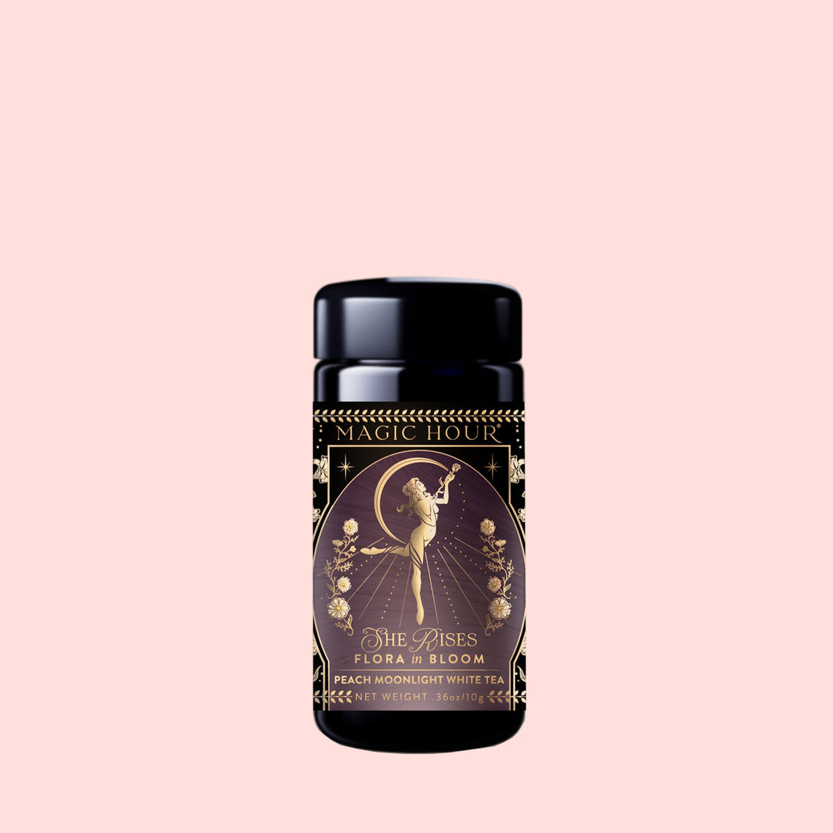 A black tea canister labeled “Flora In Bloom: Peach Moonlight White Tea” features an illustration of a woman and flowers on a pink background, inspired by the elegance of Moonlight White Tea.