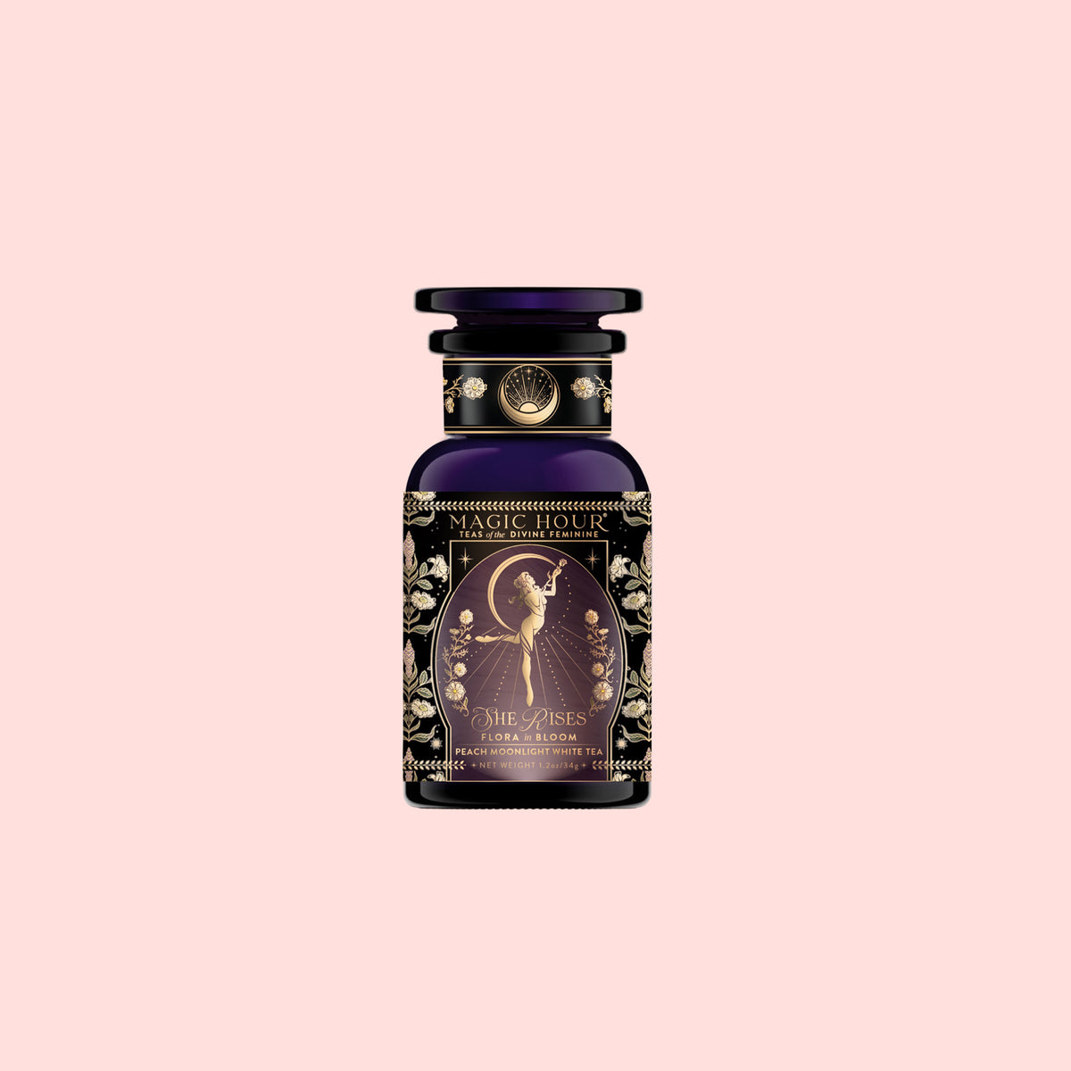A dark purple perfume bottle with ornate gold floral designs and a fairy illustration on the label, inspired by the ethereal scent of Flora In Bloom: Peach Moonlight White Tea (Yue Guang Bai), set against a light pink background.
