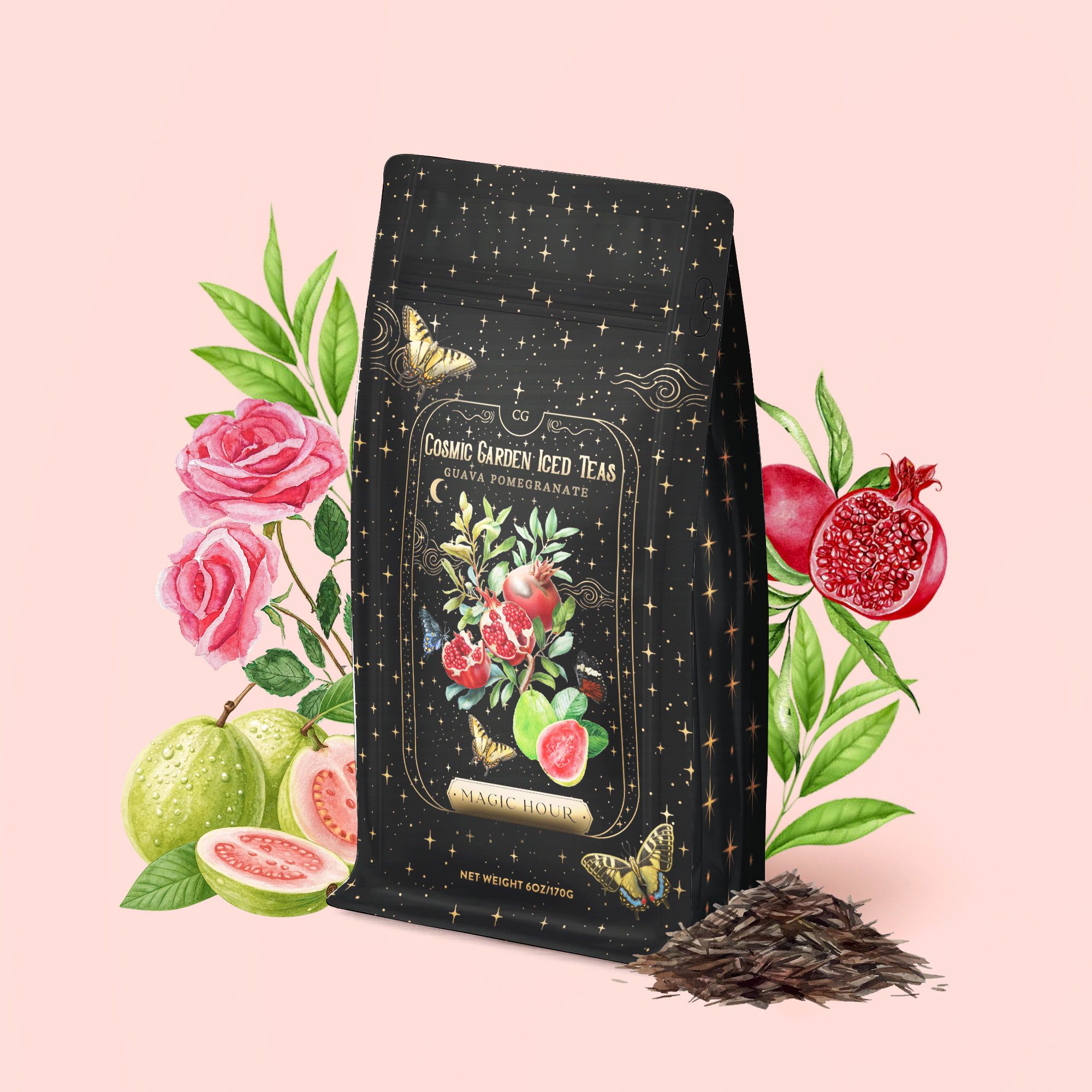 A black tea bag adorned with gold stars and a floral label sits amid roses, guava, pomegranate, leaves, a butterfly, and loose tea leaves on a soft pink background—an elegant presentation that beautifully showcases Guava Pomegranate Black Iced Tea, an organic blend infused with vibrant guava and pomegranate notes.