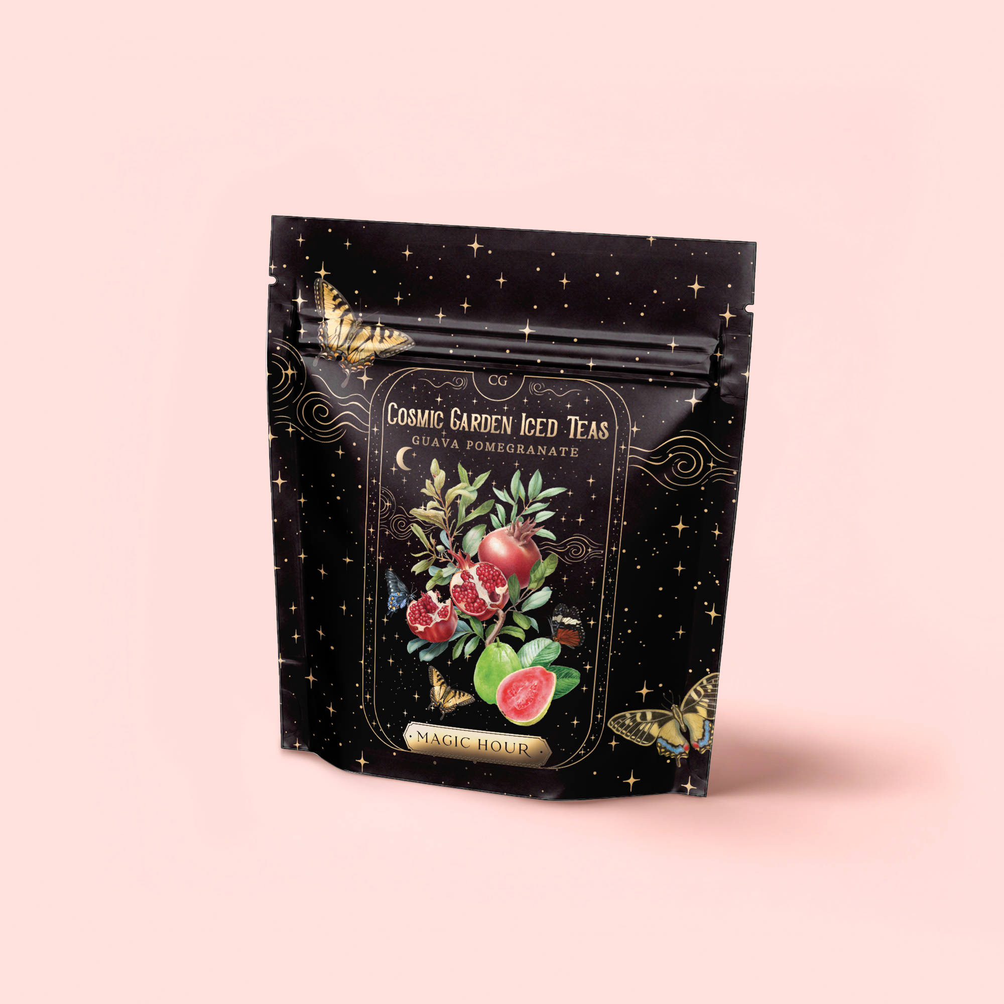 A black resealable pouch labeled “Guava Pomegranate Black Iced Tea” features guava, pomegranate, and butterflies on a starry background—perfect for fans of organic black tea and fruity blends.