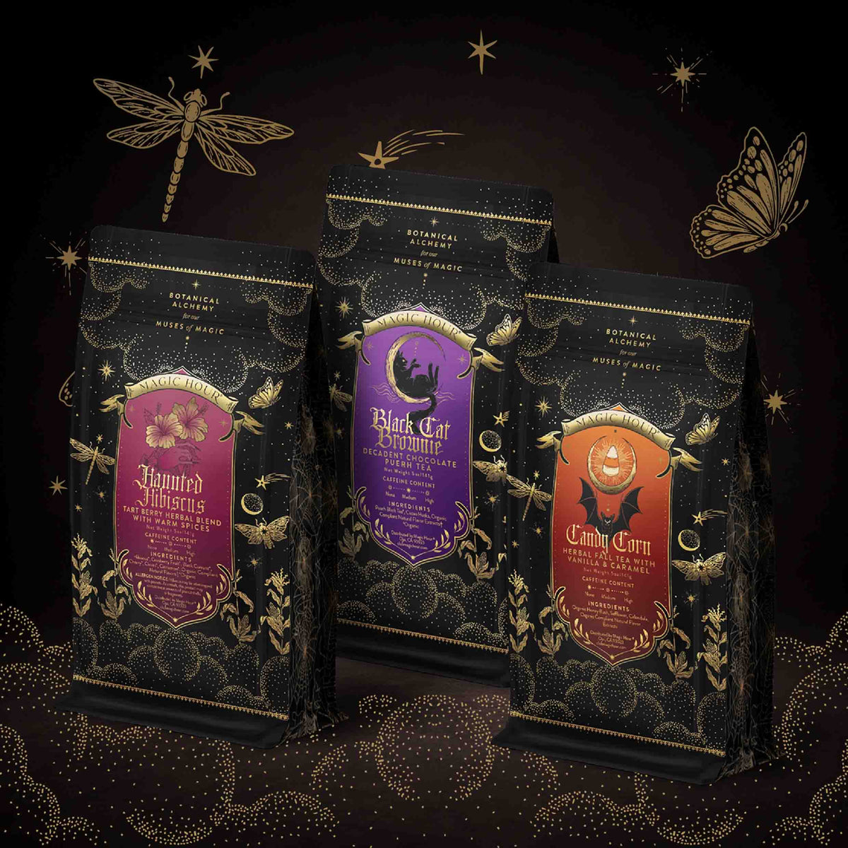 Three ornate coffee bags with Halloween-themed labels—Haunted Mansion, Black Cat Brownie, and Candy Corn—are displayed on a dark, starry background adorned with gold botanical and magical illustrations. The Halloween Bundle captures the spirit of the season with these hand-crafted brews and enchanting tea blends.