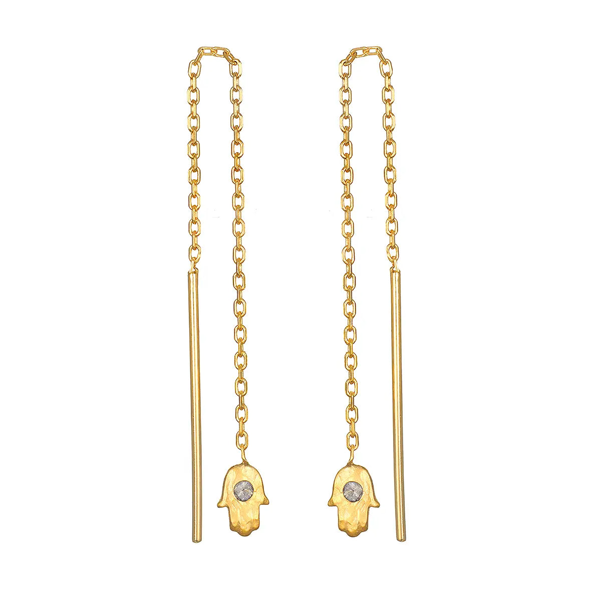 The Hamsa Threader Earrings showcase an elegant 18kt gold plated chain design, complemented by straight bars and small Hamsa hand charms, each adorned with a central labradorite gem.