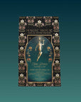 A decorative box for the Monthly Magic Tea Journey Subscription celebrates herbal wellness, featuring an ornate floral border and a woman with an ankh amid celestial motifs on a gradient teal background.