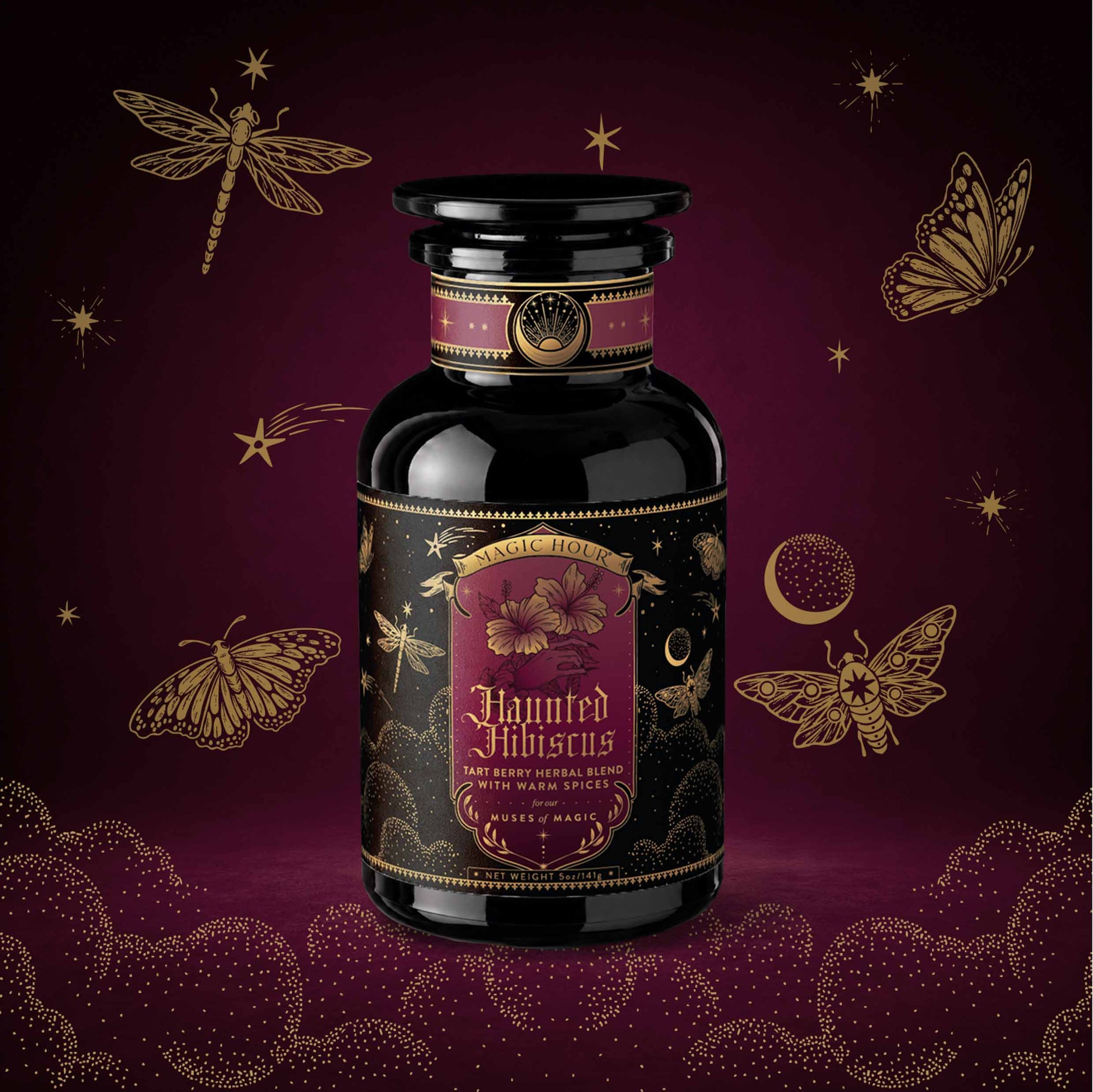 A black apothecary jar labeled “Haunted Hibiscus: Tart Berry Herbal Blend with Warm Spices” stands against a dark purple background adorned with gold illustrations of insects, stars, moons, and clouds—perfect for showcasing this enchanting caffeine-free hibiscus tea blend.