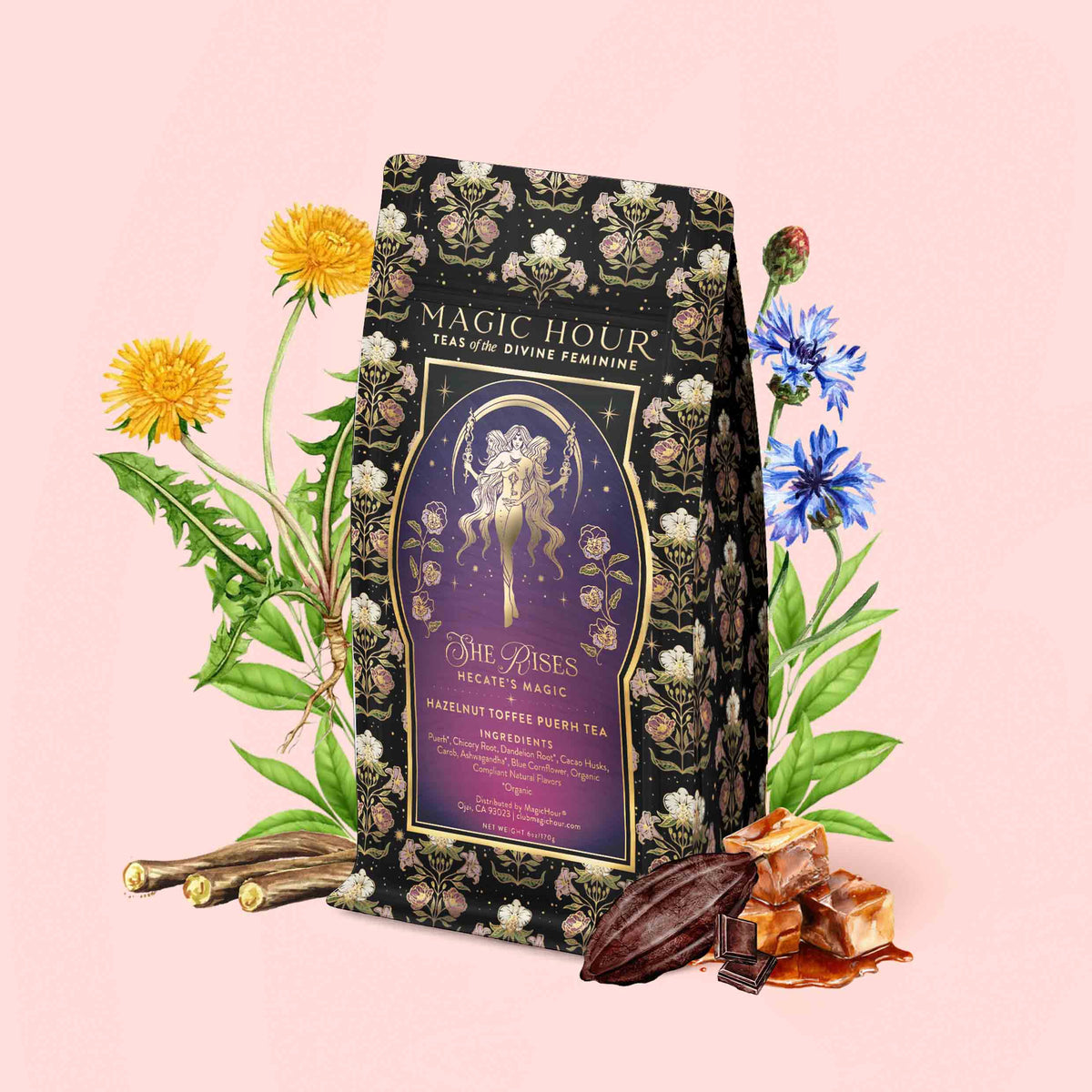 A “Monthly Magic Tea Journey Subscription” box rests among yellow and blue flowers, licorice root, cocoa beans, and caramel chunks, its ornate celestial design evoking a magical goddess tea ritual.