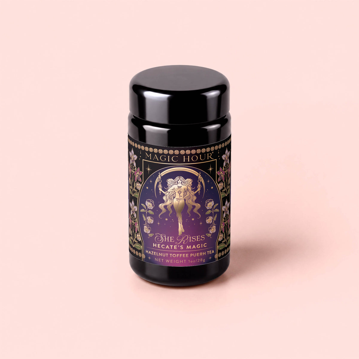 A black tea canister labeled “Monthly Magic Tea Journey Subscription” with an ornate design featuring a woman and two cats—perfect for goddess ritual tea and Divine Feminine exploration.