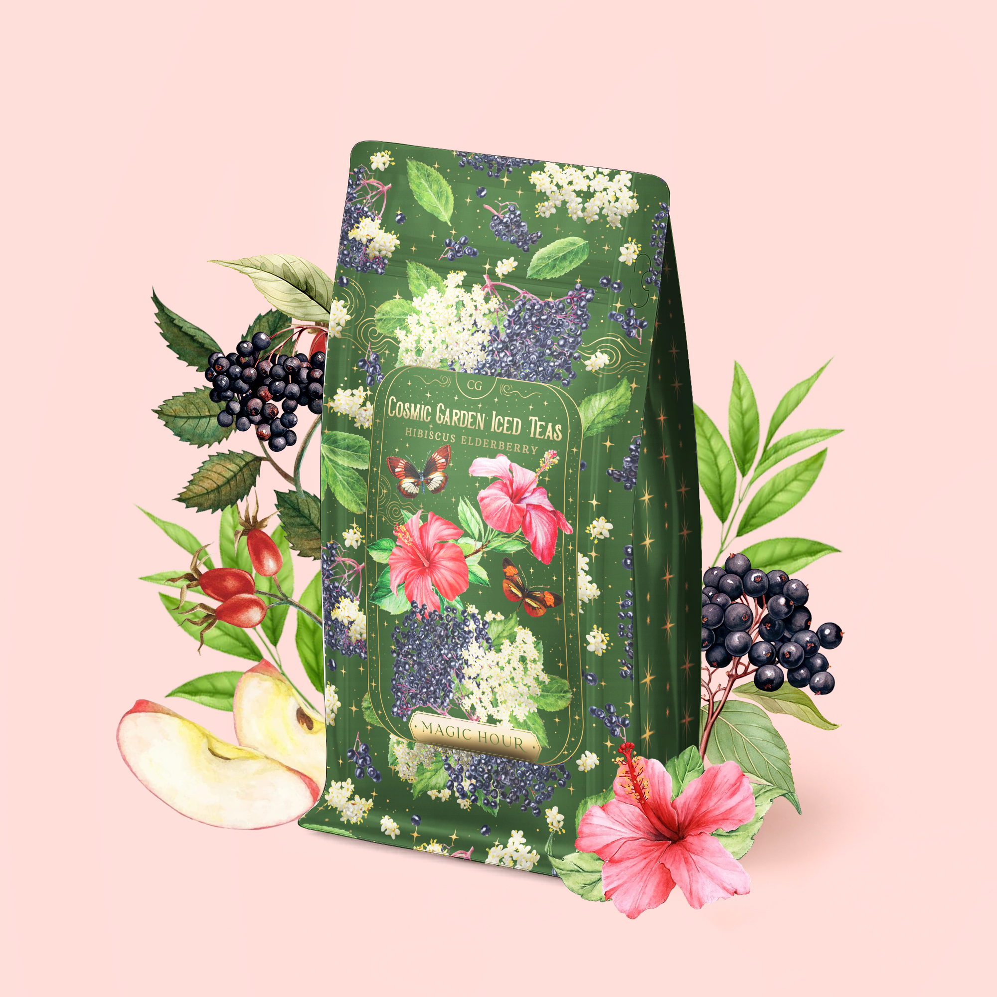 Certainly! Here’s a revised sentence using your product data: A package of Hibiscus Elderberry: Cosmic Garden Iced Tea is adorned with floral designs and surrounded by illustrated hibiscus flowers, elderberries, apple slices, and leaves on a pale pink background. This antioxidant iced tea blend delivers a refreshing burst of flavor and wellness in every sip.