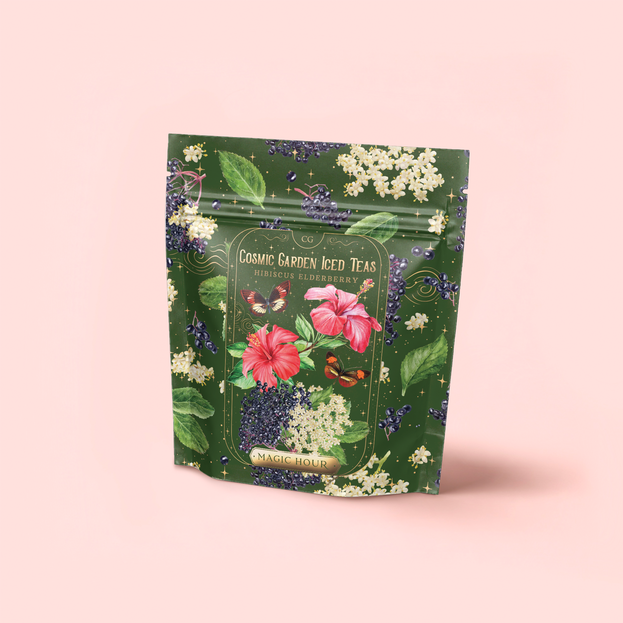 A green floral package of "Hibiscus Elderberry: Cosmic Garden Iced Tea" displays vibrant hibiscus flowers, elderberries, and leaves on a pink background, highlighting this antioxidant-rich iced tea blend.