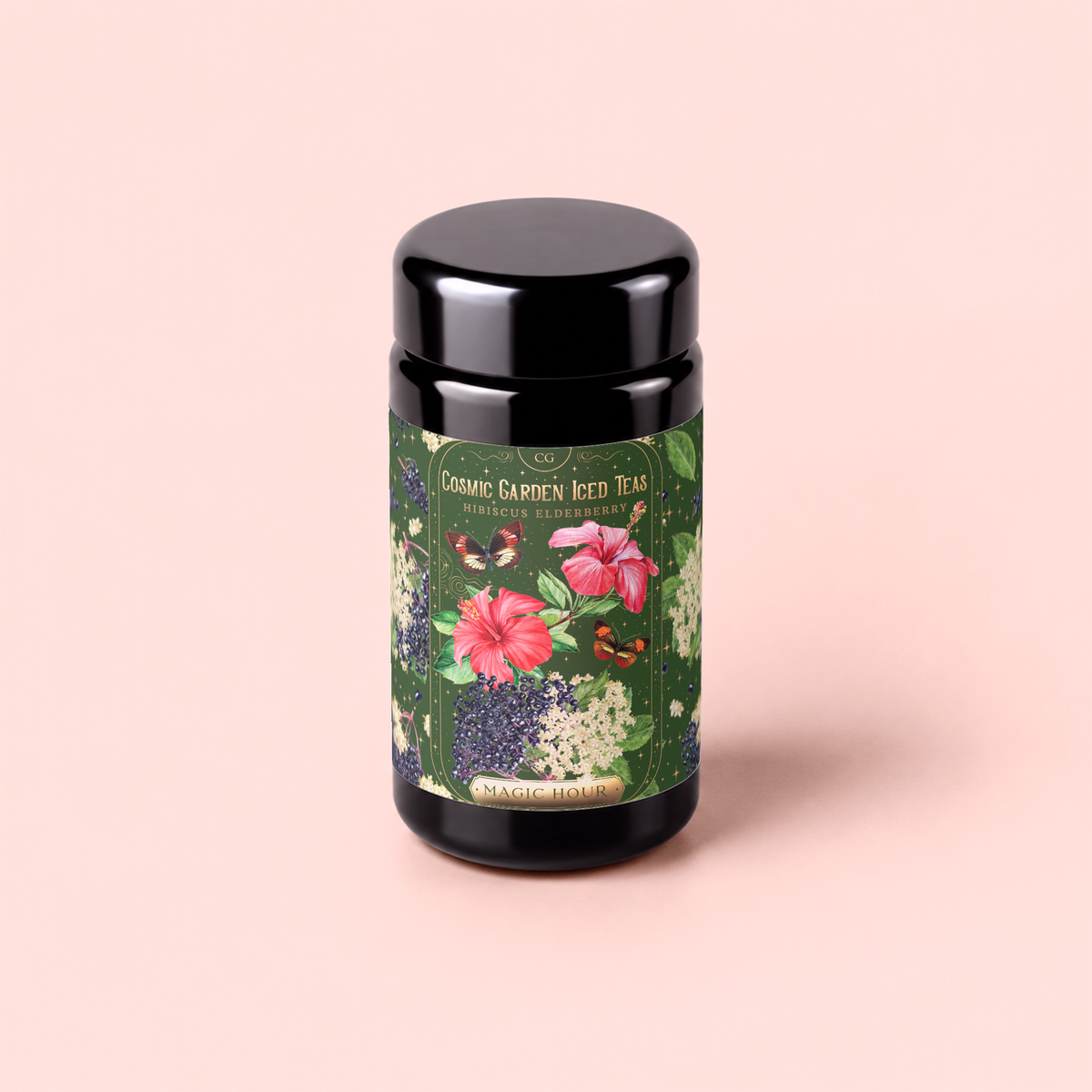 Discover Hibiscus Elderberry: Cosmic Garden Iced Tea, presented in a sleek black canister adorned with a vibrant label of hibiscus, lavender, and delicate white flowers. The light pink label highlights the name “Cosmic Garden Iced Teas - Hibiscus Elderberry.” Bursting with antioxidants, this organic hibiscus iced tea is expertly crafted to be both refreshing and nourishing—an ideal afternoon pick-me-up.