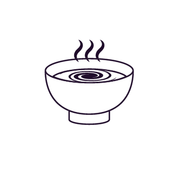 A simplified, black and white line drawing of a bowl of soup. The bowl is depicted with steam rising from the top, indicating that the soup is hot. The image is minimalistic with clean lines and no additional details.