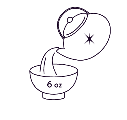 Line drawing of a kettle pouring water into a bowl labeled "6 oz.