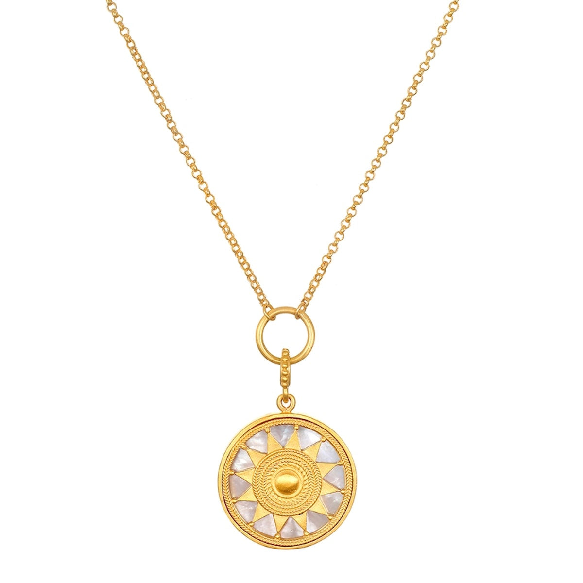 The Inward Journey Pearl Mandala Necklace showcases a circular mandala pendant featuring a sun design, embellished with alternating gold and pearl-like segments forming the sun's rays. This spiritual jewelry piece is suspended from a delicate 18KT gold plated chain, connected by a ring to the pendant.