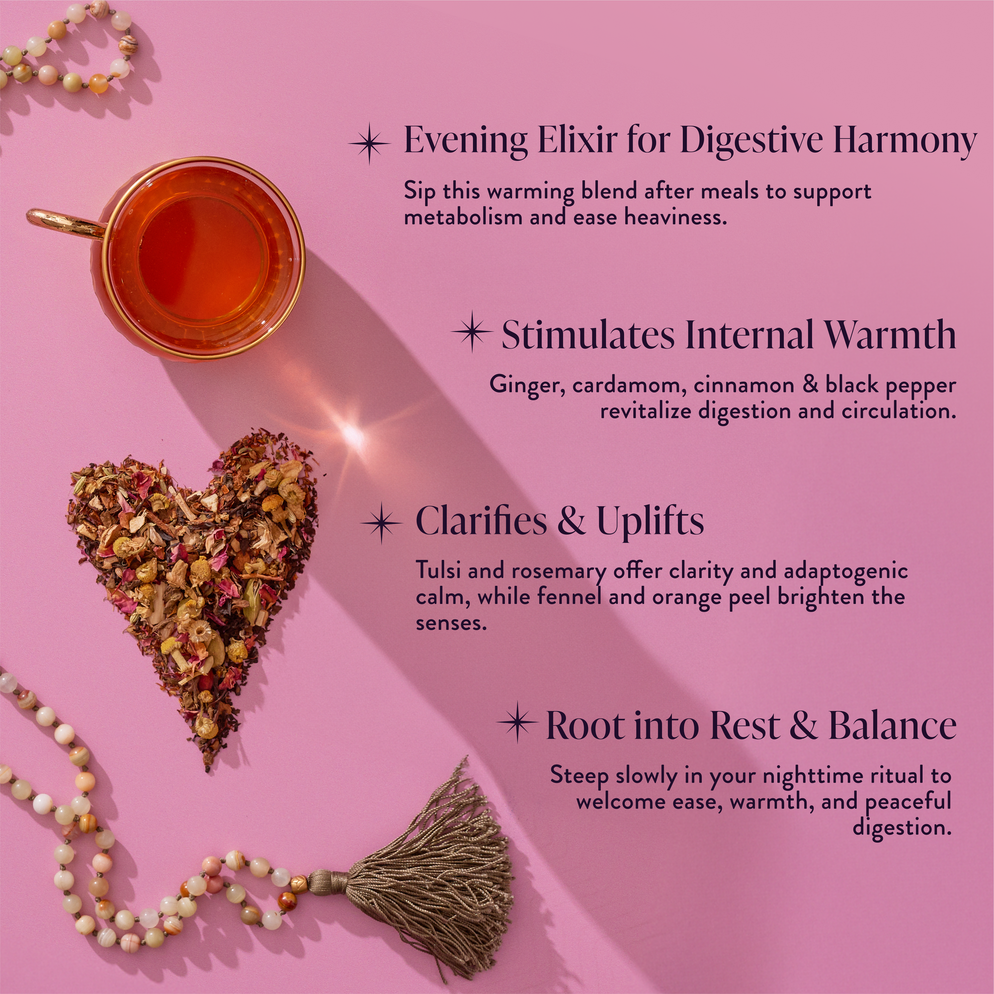A cup of Kapha: Caffeine-Free Saffron Spice Tea rests by a heart of dried herbs on pink, with text noting benefits like digestive harmony, warmth, clarity, uplifted mood, restful balance, and soothing Ayurvedic digestion support.