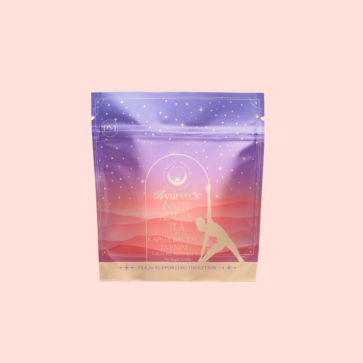 Tea package with a gradient design on a pink background