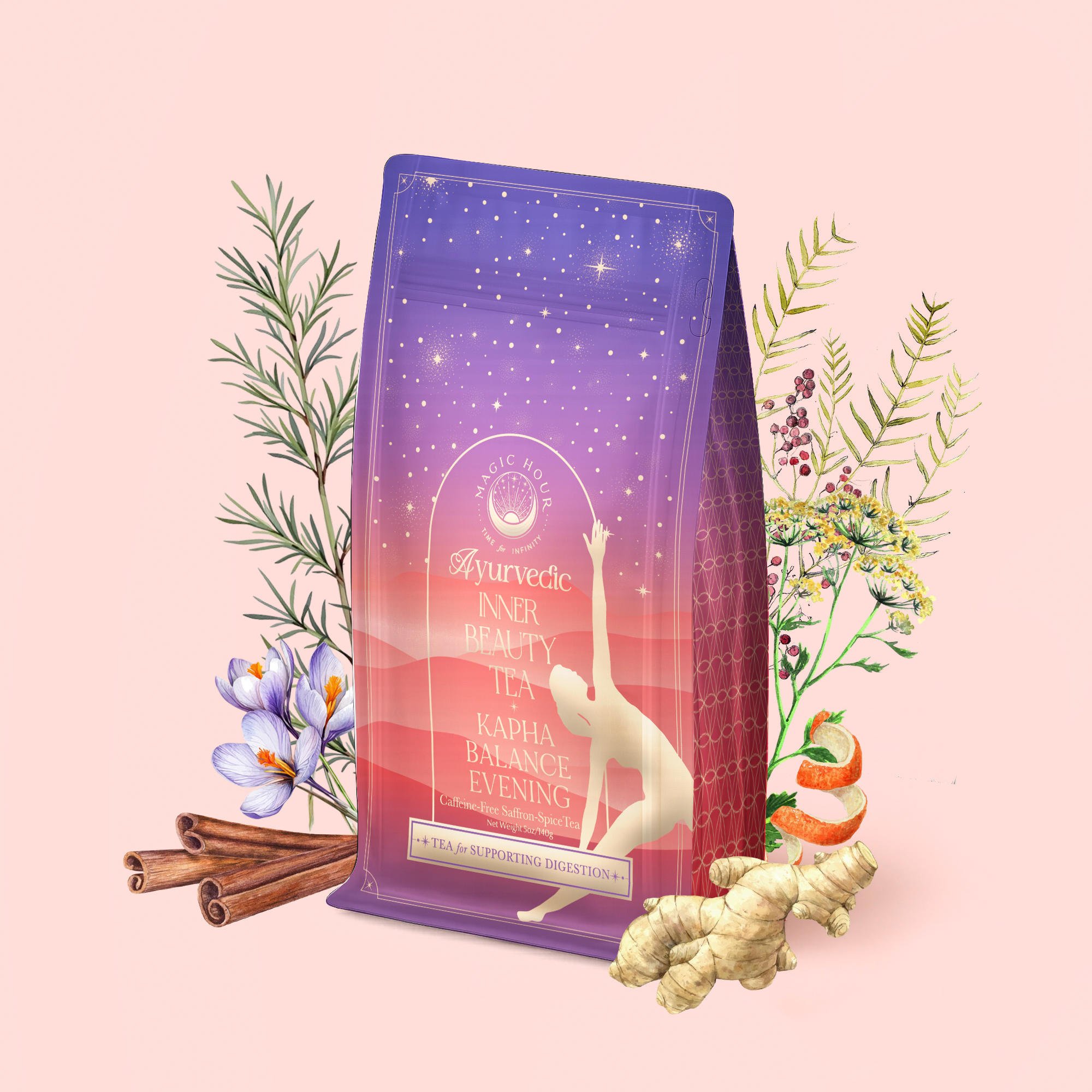 The Kapha: Caffeine-Free Saffron Spice Tea package features a yoga pose silhouette and is surrounded by cinnamon sticks, ginger, saffron, orange, and herbs, highlighting its vibrant Ayurvedic blend for evening balance.