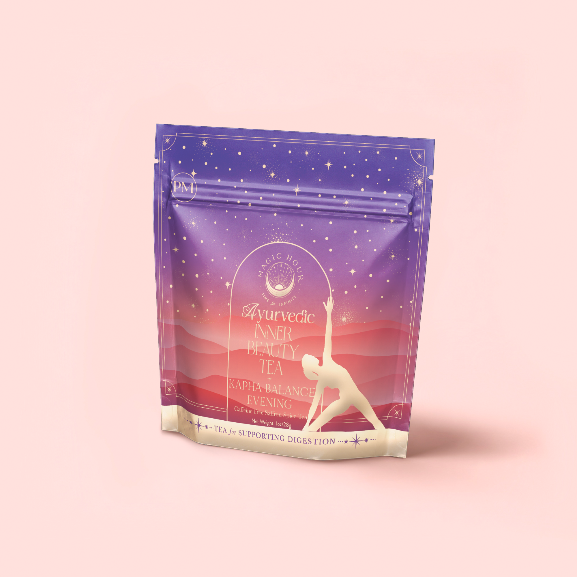 A stand-up pouch of "Kapha: Caffeine-Free Saffron Spice Tea" features a gradient purple-red design, starry background, and a woman’s yoga pose silhouette. This ayurvedic tea supports Kapha balance and promotes digestion for inner wellness.