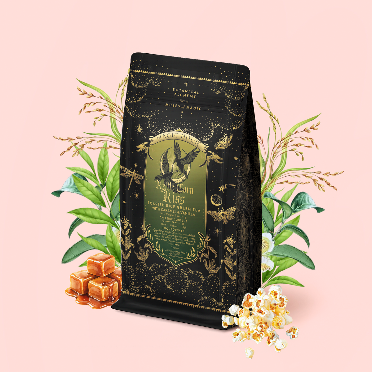 A black and gold tea bag labeled “Kettle Corn Kiss: Sweet & Nutty Toasted Rice Green Tea with Caramel & Vanilla” is surrounded by illustrated plants, caramel pieces, and popcorn on a light pink background—evoking the warm, toasty notes of toasted rice green tea complemented by the sweetness of caramel and vanilla.