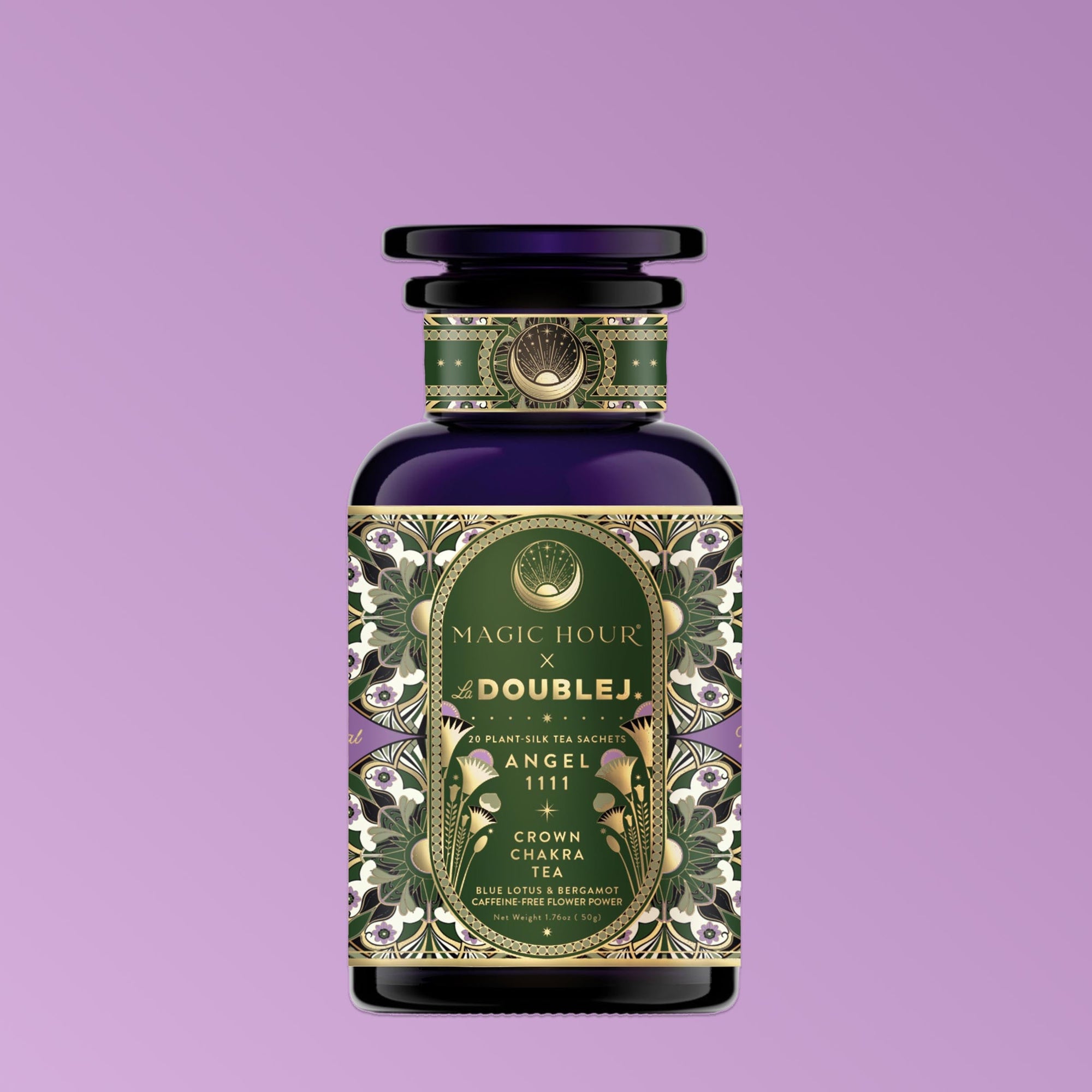 A decorative purple bottle labeled "111: Lavender-Jasmine-Pineapple Herbal Tea with Blue Lotus" features ornate floral designs, gold accents, and butterfly pea flower hints against a light purple gradient, referencing the Crown Chakra.