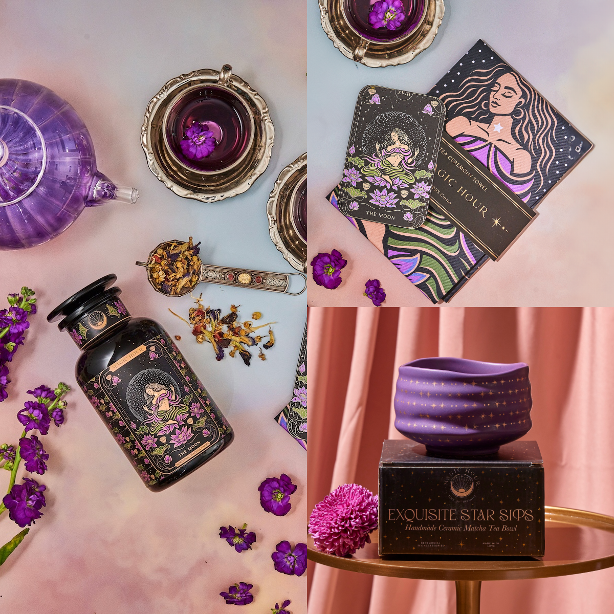 A collection of enchanting items: a purple teapot with matching cup, dried flowers, an intricately designed tea infuser, two tarot cards showcasing a moon motif, a black celestial-themed tea canister, and a purple star-patterned cup presented on the "Exquisite Star Sips" box from the La Luna Tea & Accessory Gift Set.