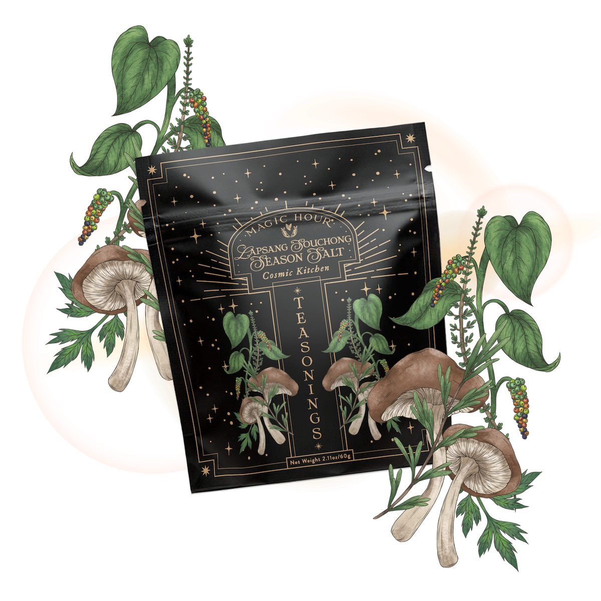 A black packet labeled "Lapsang Souchong Season Salt," featuring smoky black tea seasoning and Lapsang Souchong tea, is surrounded by illustrations of green plants, mushrooms, and herbs. Gold "MAGIC HOUR" text decorates the top.