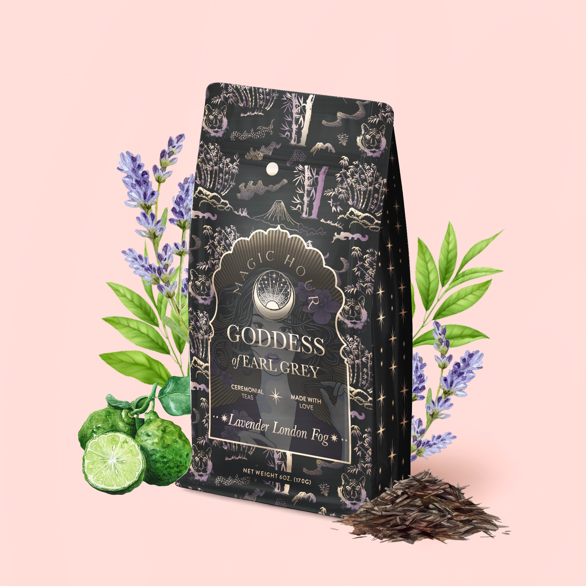 A decorative black tea bag labeled “Lavender London Fog Earl Grey Refill Pouch” is surrounded by lavender sprigs, bergamot fruit, and loose Earl Grey tea leaves on a soft pink background.