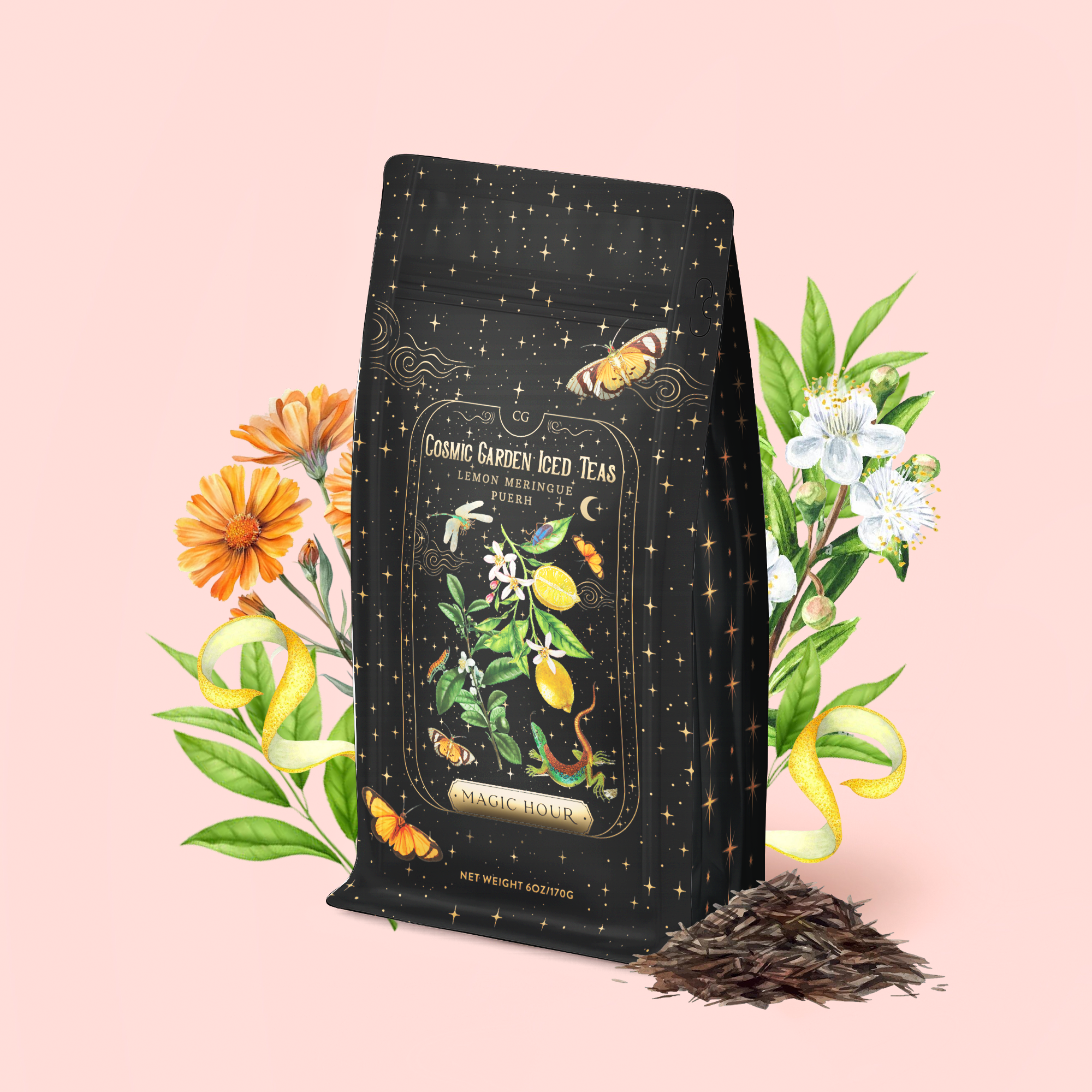 A black, starry tea bag labeled "Lemon Meringue Puerh Black Iced Tea" stands with loose tea leaves, surrounded by illustrated flowers, lemons, and greenery on a light pink background. This lemon puerh black iced tea is known for supporting healthy digestion, offering a delightful and probiotic tea experience.