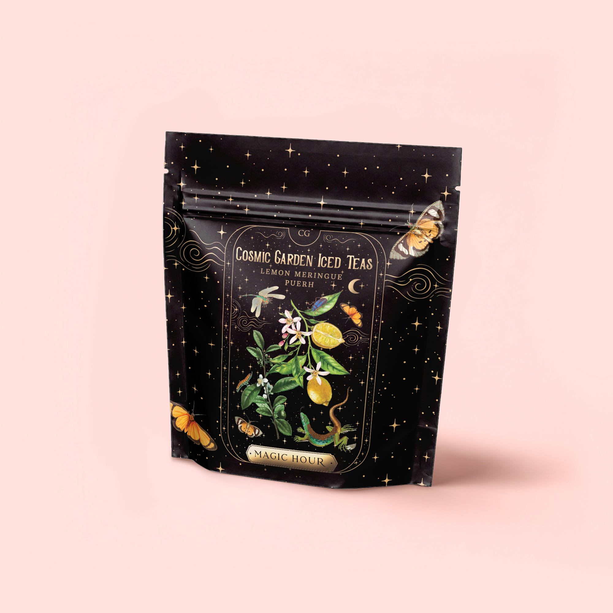 A black resealable pouch of Lemon Meringue Puerh Black Iced Tea by Magic Hour, with a celestial lemon, flower, and butterfly design on light pink—crafted for healthy digestion.