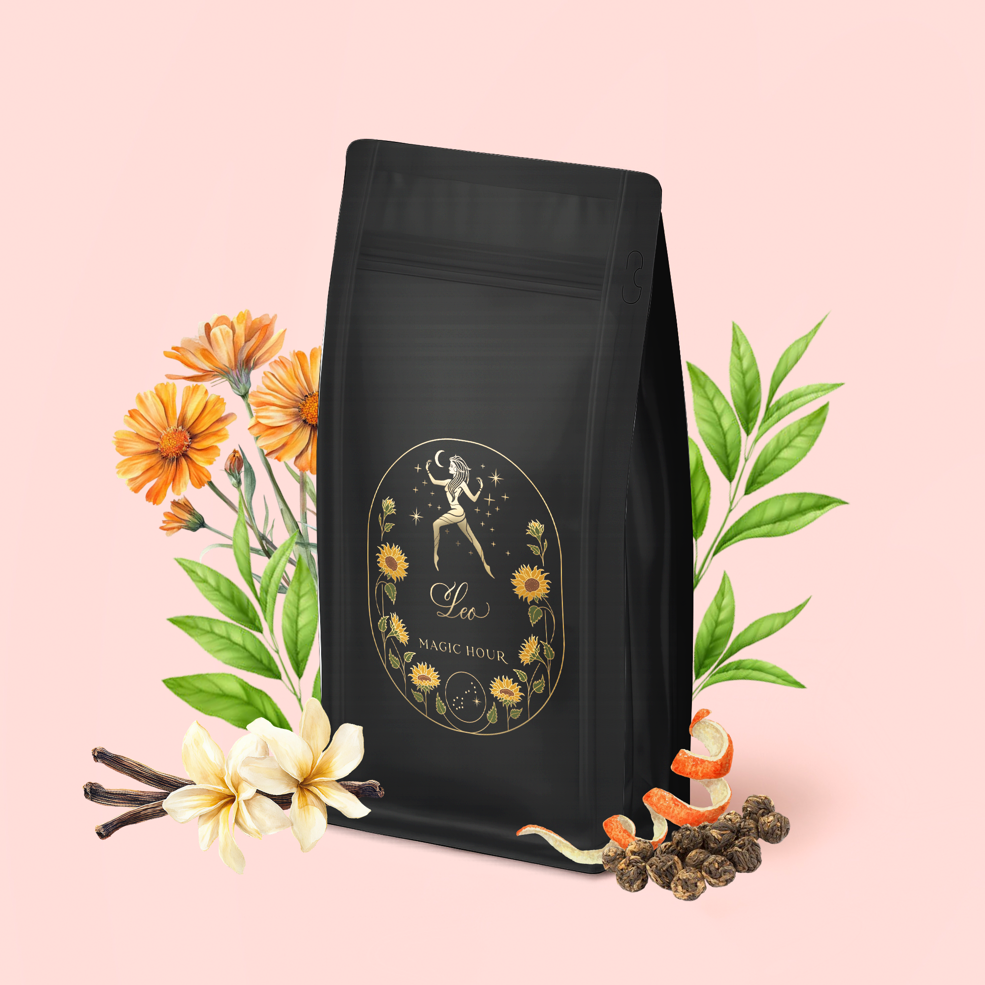 The Leo: Queen of Courage Tea of the Sun features a black tea bag with floral gold art and a dancing woman, surrounded by illustrated flowers, green leaves, Yunnan Black Tea leaves, vanilla beans, orange peels, and peppercorns on soft pink.