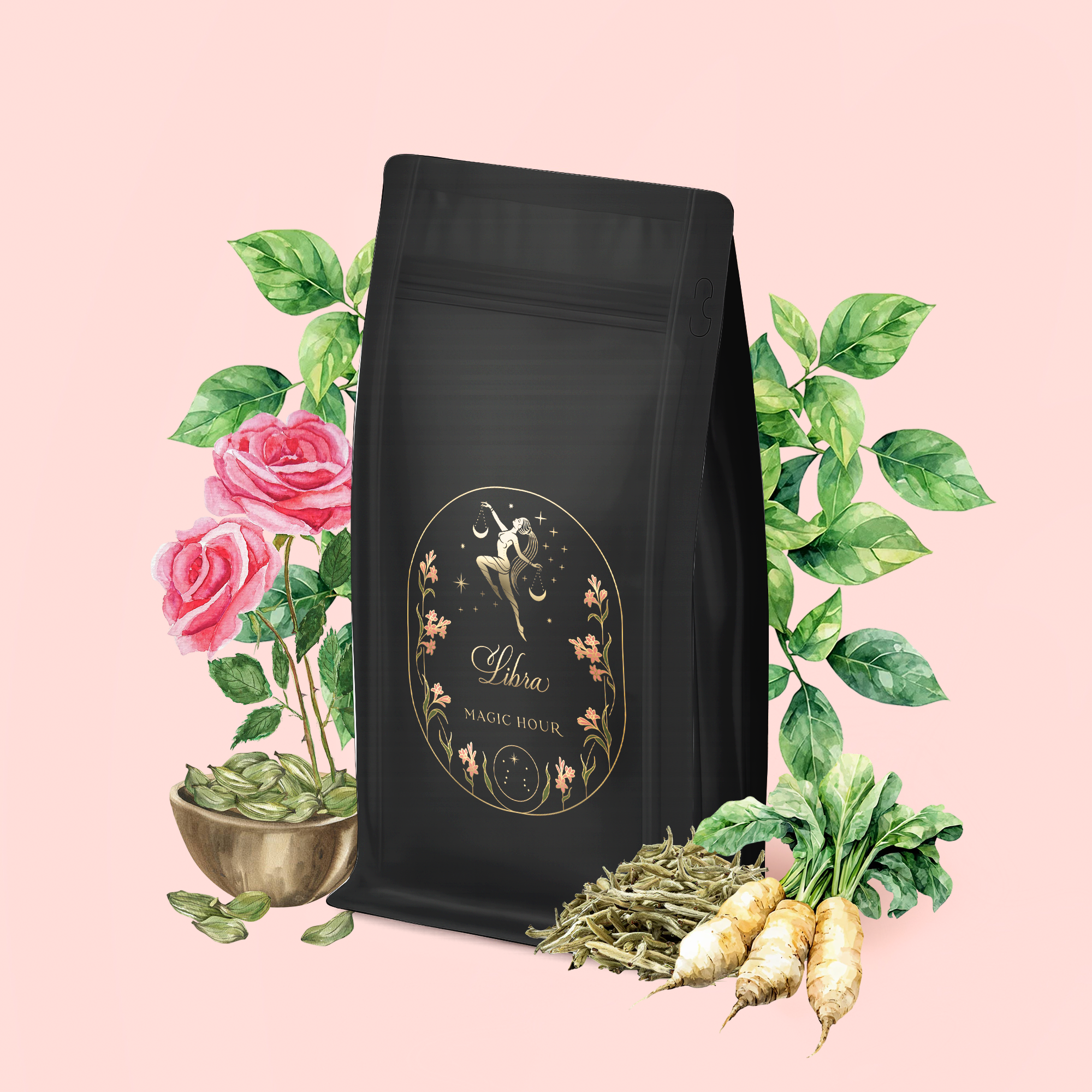 A package of "Libra Shatavari-Cardamom-Rose White Love Cake Tea" sits amid roses, green leaves, rose pistachio tea, a bowl of herbs, dried roots, and radishes on a pale pink background.