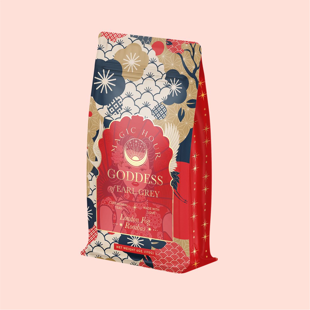 The &quot;London Fog Rooibos&quot; tea package features vibrant red, gold, and navy floral and celestial designs on a light pink background. Infused with aromatic bergamot essence, it offers a delightful blend of flavors.