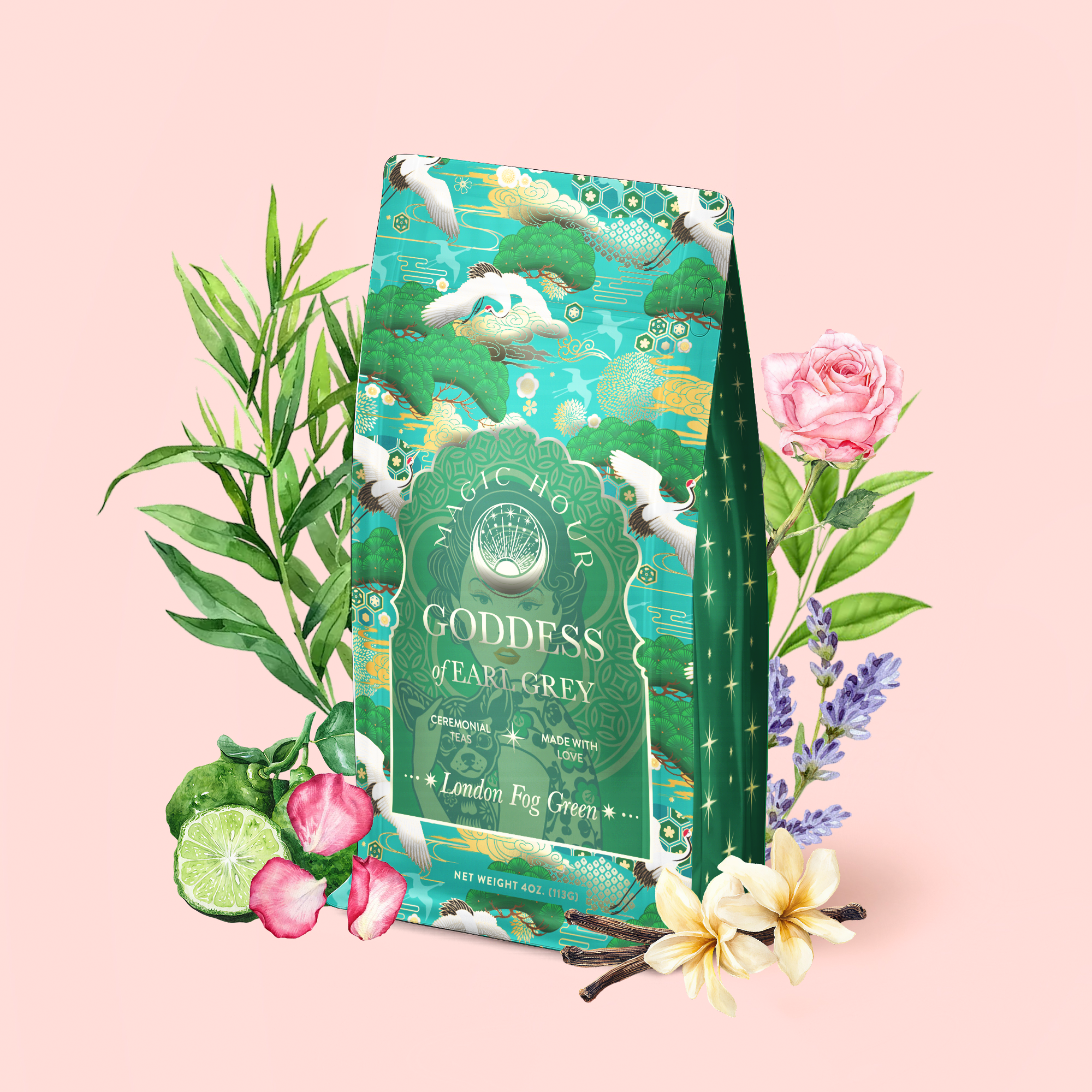 A green tea package labeled "London Fog Green" is surrounded by botanicals, including roses, lavender, bergamot, lime, and white flowers, set on a light pink background. The package features birds and floral patterns.