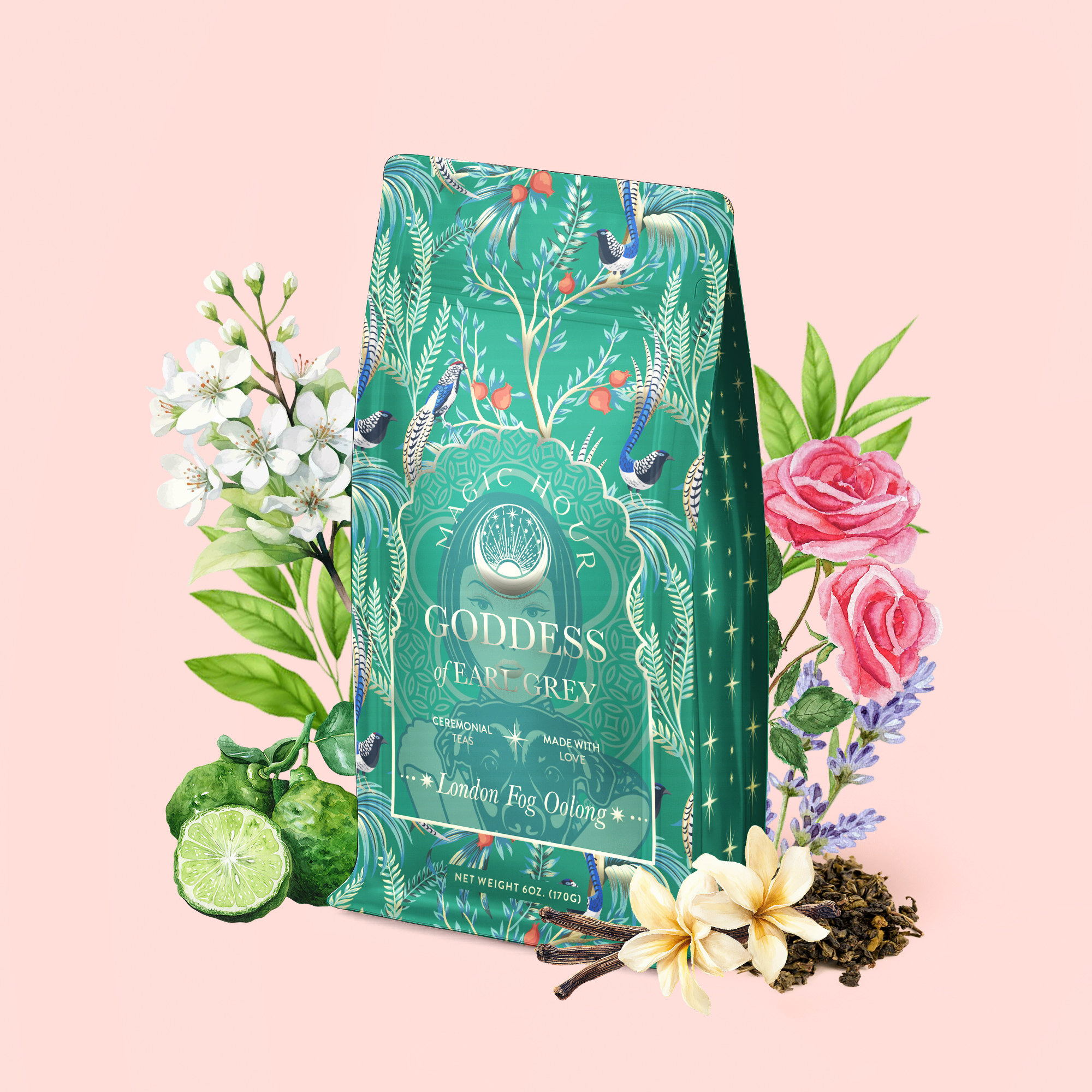 A green floral tea package labeled "London Fog Oolong" is surrounded by flowers, leaves, lime, and tea leaves, set against a light pink background. Infused with the delicate aroma of Quan Yin oolong and a hint of bergamot, this enchanting scene captures the essence of a truly unique blend.