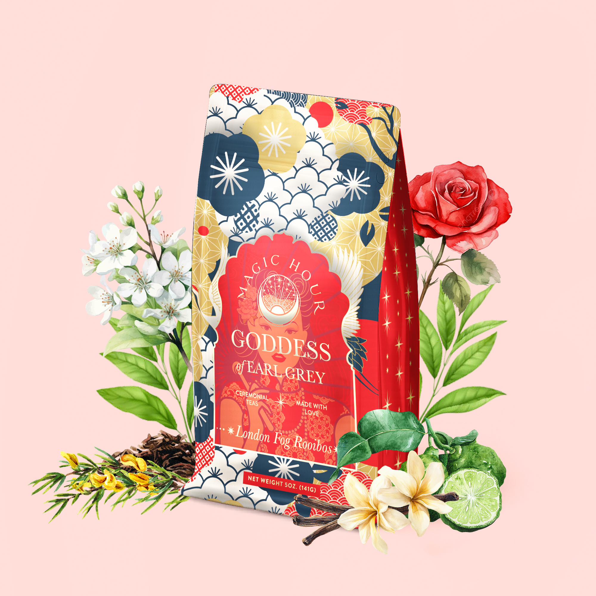 A vibrant London Fog Rooibos tea bag is surrounded by roses, white flowers, lime slices, and tea leaves on a pink background, capturing the essence of a floral herbal blend.