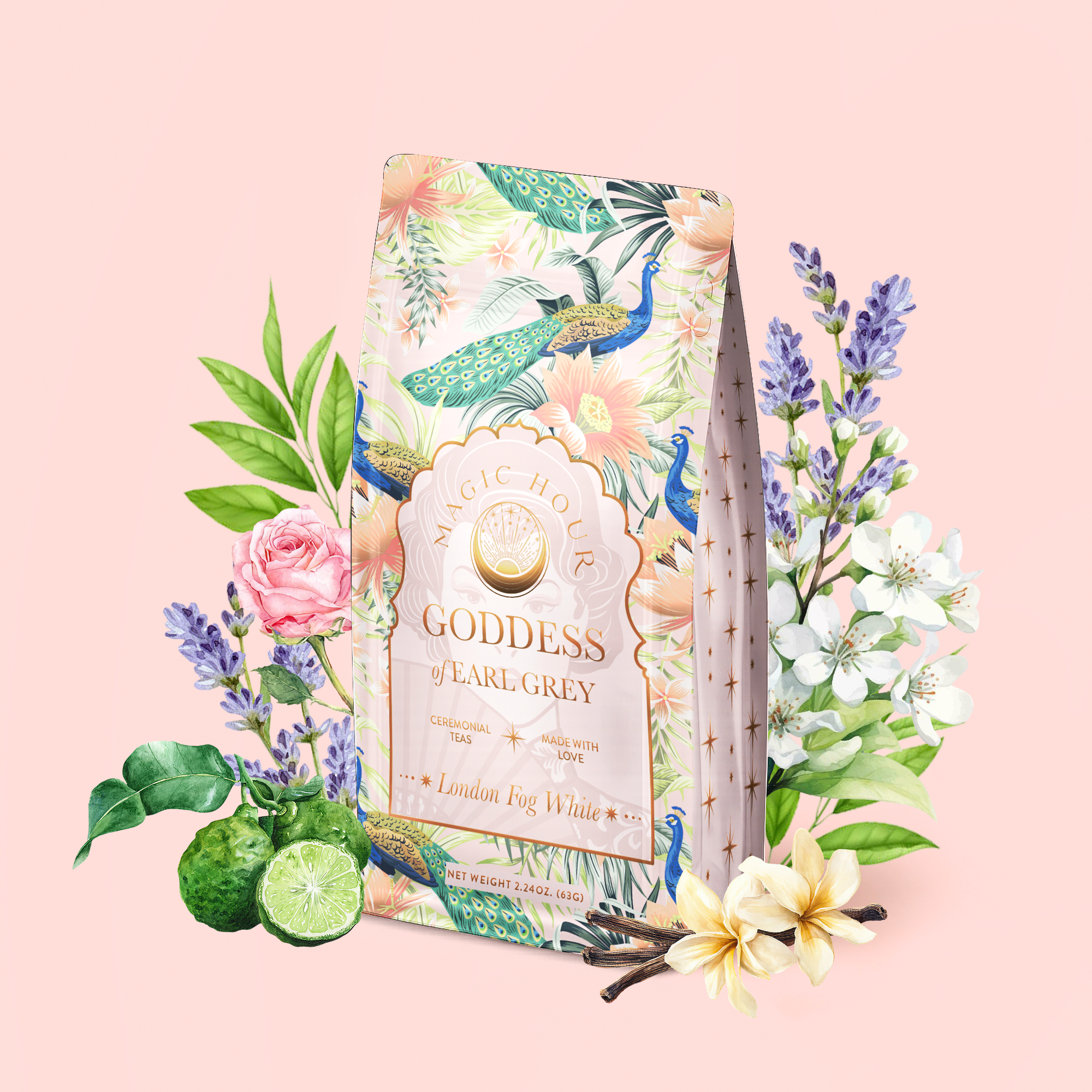 A decorated tea package labeled "London Fog White" is surrounded by flowers, bergamot fruit, lavender, and vanilla on a soft pink background. The packaging features peacocks and botanical illustrations.