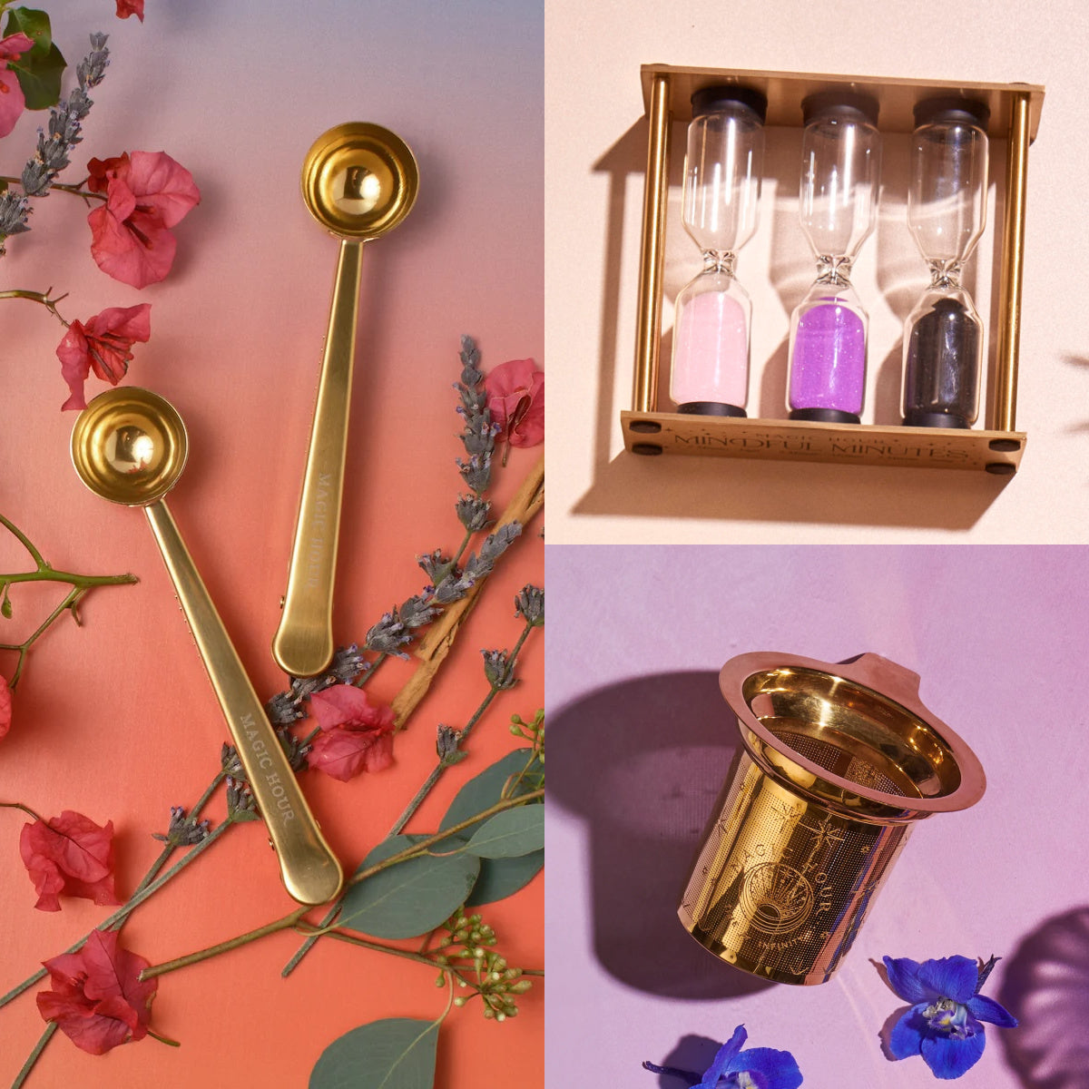 A composition featuring two gold measuring spoons, a trio of vibrant sand timers, and a gold tea infuser included in the Loose Leaf Tea Starter Set. The backdrop is adorned with pink, purple, and blue flowers on a gradient surface shifting from pink to purple. Ideal for enhancing the tea-making experience.