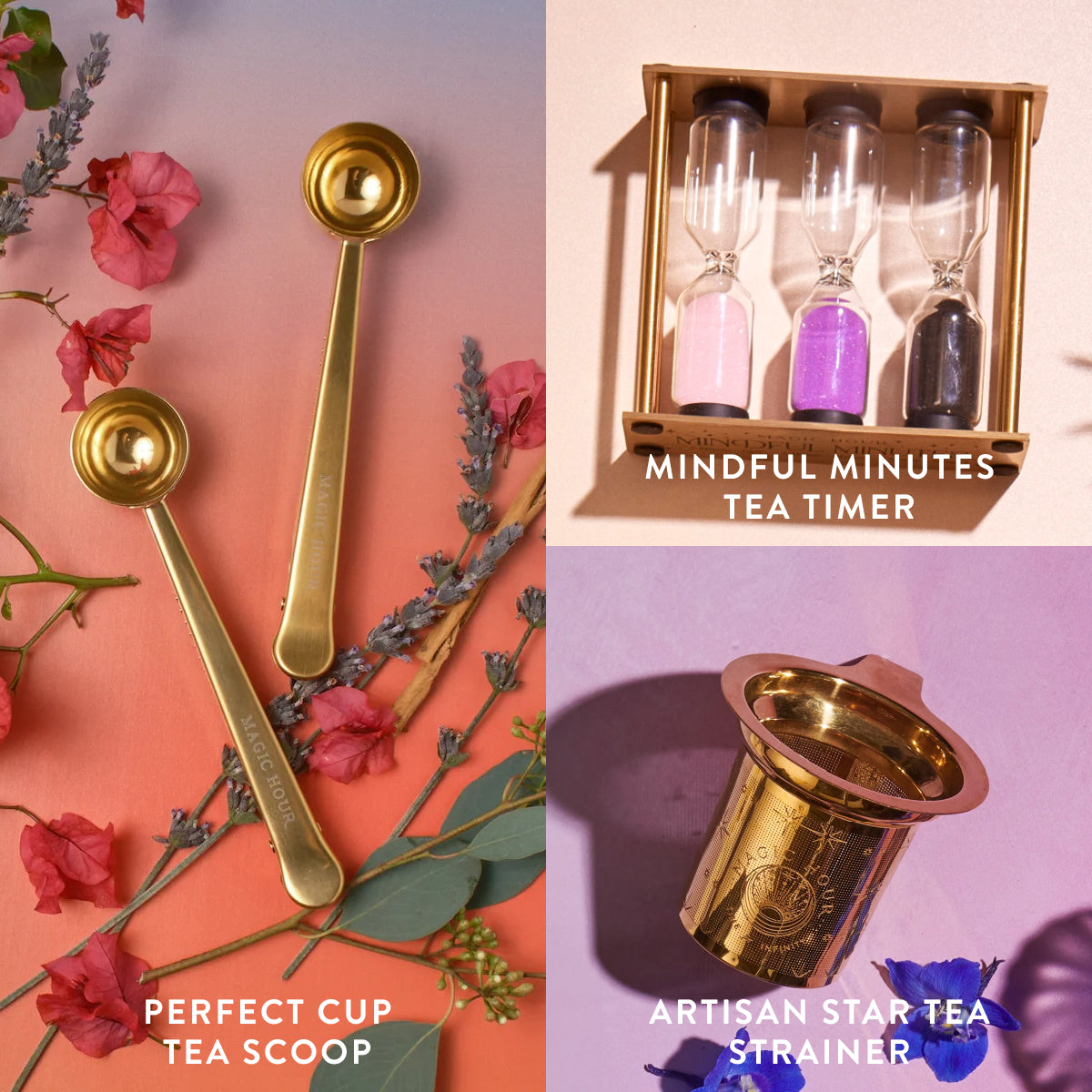 A vibrant display of tea accessories from the Loose Leaf Tea Starter Set features the "Perfect Cup Tea Scoop," a pair of gold measuring spoons on a floral backdrop, "Mindful Minutes Tea Timer," boxed sand timers, and the "Artisan Star Tea Strainer" in gold.