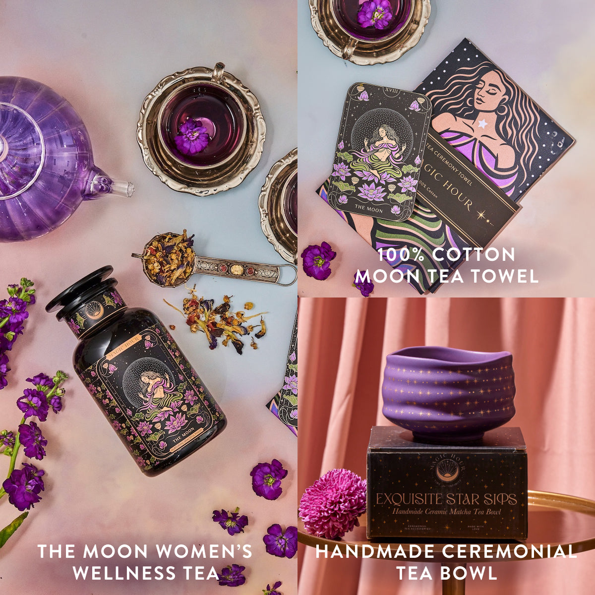 A flat-lay image featuring the La Luna Tea & Accessory Gift Set, which includes a bottle of women's wellness tea with herbs, a ceramic tea cup with saucer, magic hour cards, a moon-themed tea towel, and an exquisite star sips tea bowl. Purple floral accents complete the scene.