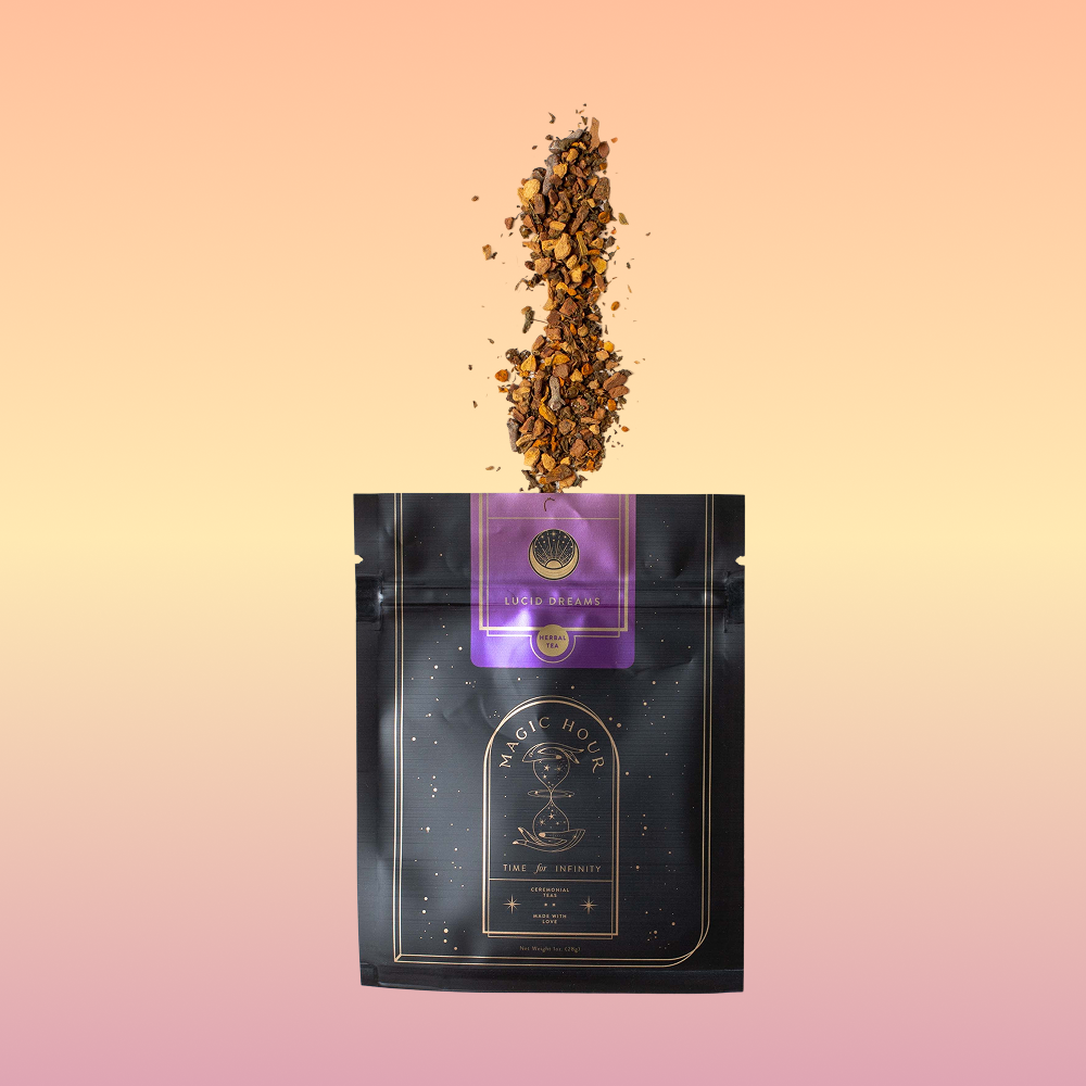 An open black and gold package of Lucid Dreams: Tulsi-Turmeric Herbal Tea for Sleep & Calm with a purple label spills loose tea above it, set against a pink-orange gradient, capturing the soothing essence of restful sleep.