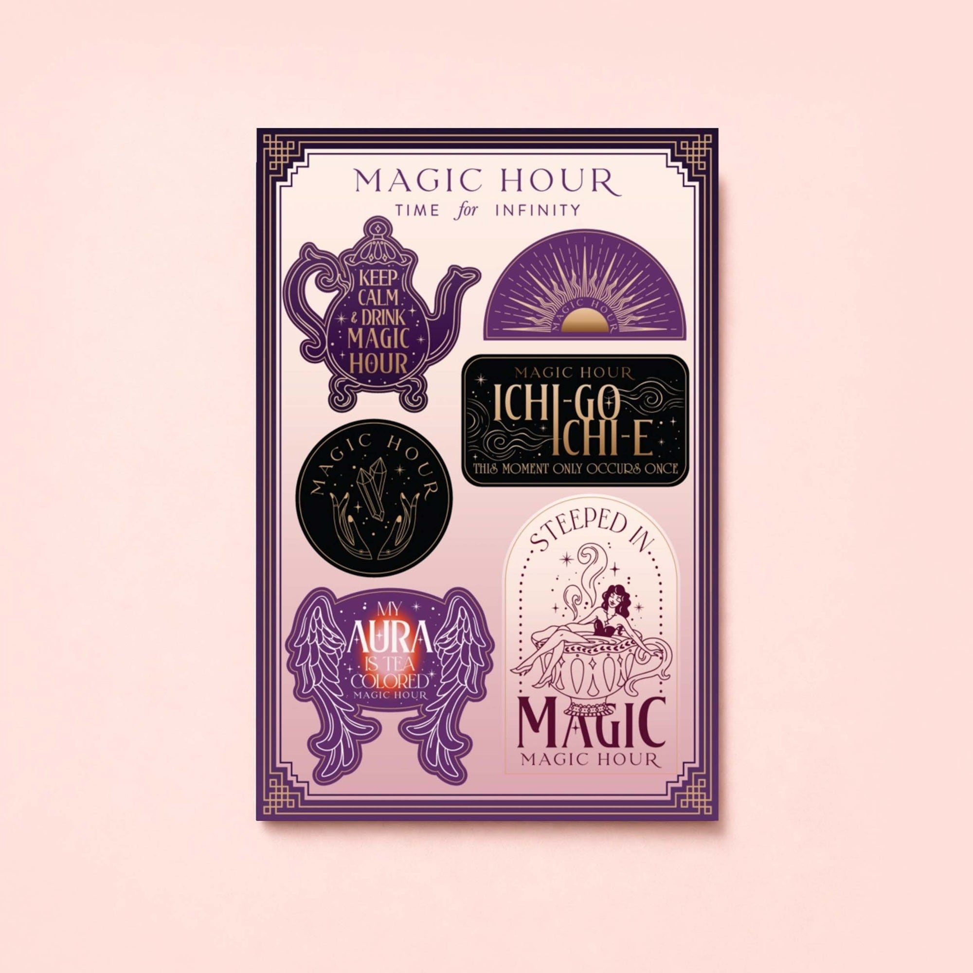 The Magic Hour Sticker Sheet: Time for Infinity features six mystical stickers with decorative designs and phrases in purple, black, and gold on a pale pink background—perfect for adding magical vibes to your collection.