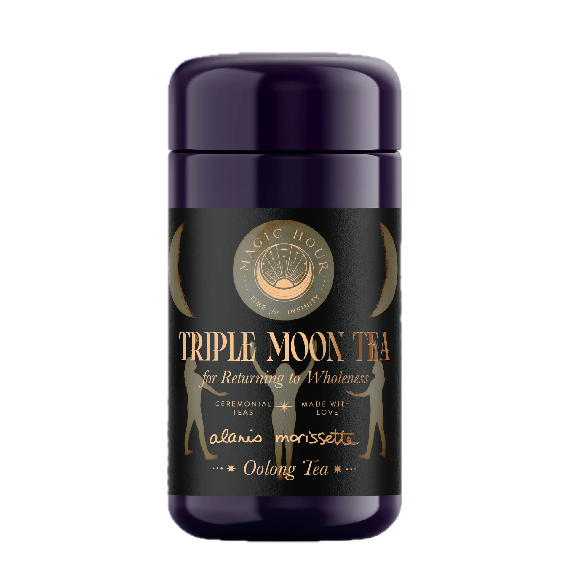 A purple cylindrical container labeled "Triple Moon Tea by Alanis Morissette to Celebrate her Triple Moon Tour!" with gold accents. The label features text "for Returning to Wholeness," "Ceremonial teas," "Made with love," and "Magnolia Oolong Tea" along with crescent moon designs and a central logo reading "Magic Hour.