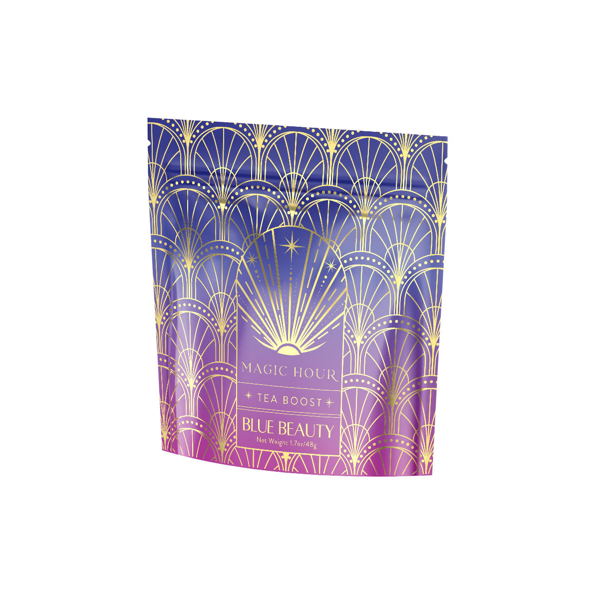 A vibrant stand-up pouch featuring a decorative geometric design in shades of blue, purple, and gold. The bag is elegantly labeled &quot;Blue Beauty Tea Boost&quot; in a stylish font, giving it a luxurious appearance.