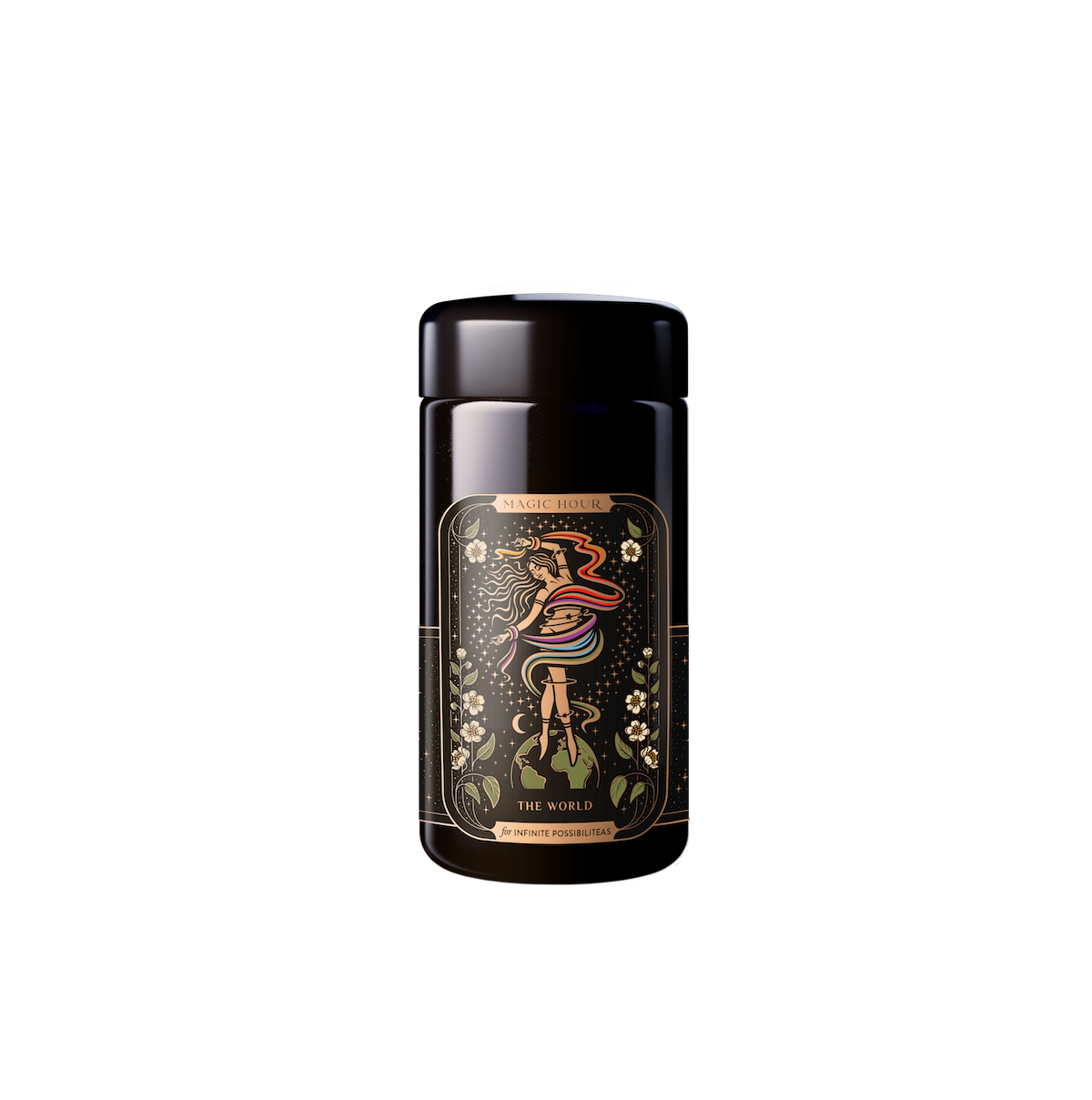 A black cylindrical container with a glossy finish showcases an ornate label adorned with a colorful swirling design of a snake and flowers, featuring the text &quot;Magic Hour&quot; and &quot;The World.