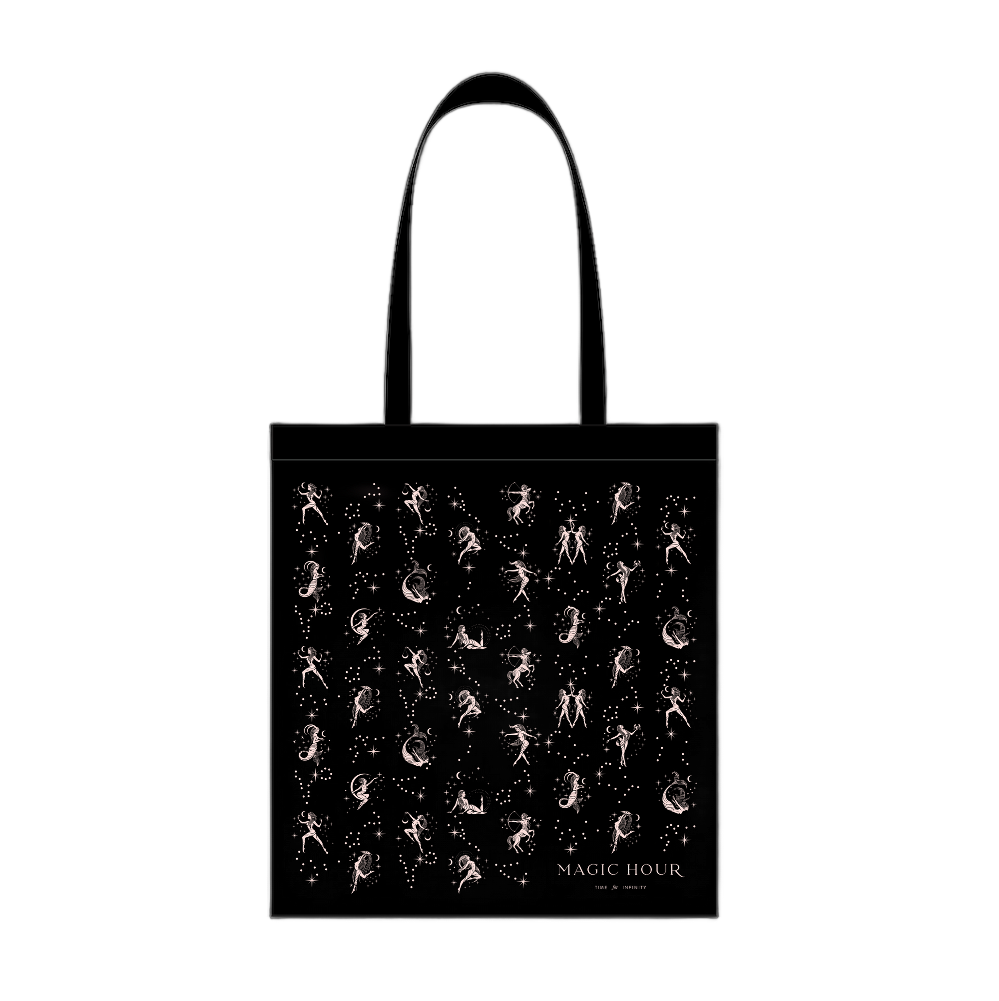 A black Astrology Grid Tote Bag featuring an all-over print of white constellation designs and the text "Magic Hour" at the bottom.