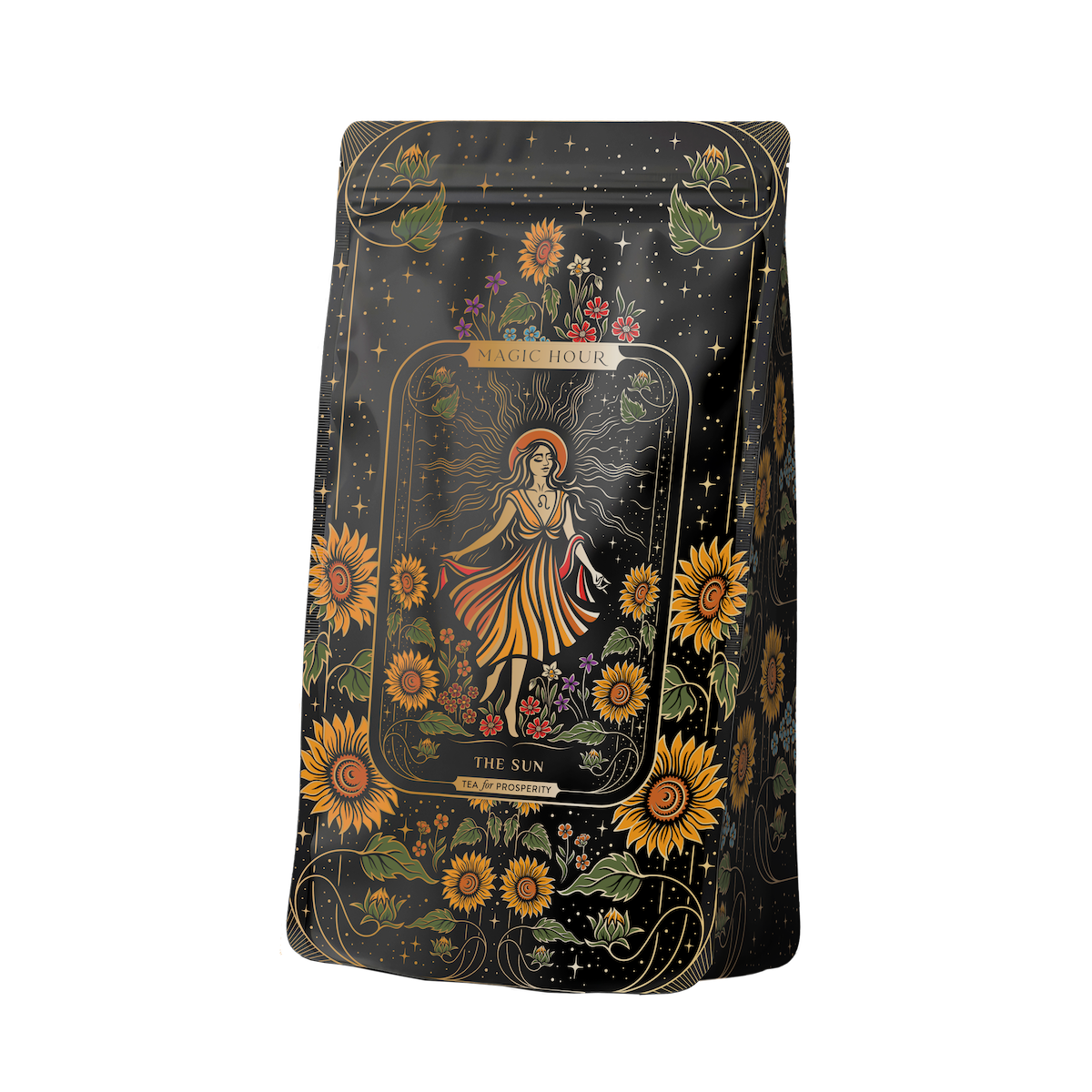 A vibrant black package adorned with detailed illustrations of sunflowers and leafy vines, featuring a central image of a woman in a flowing dress amidst sunflowers. Text reads "Magic Hour" and "The Sun: Energizing Adaptogenic Herbal Tea with Yaupon, Moringa & Turmeric," hinting at the natural blend within.