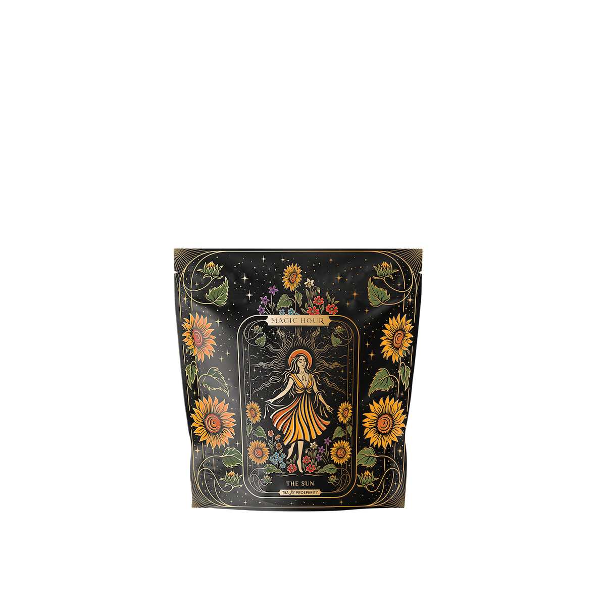 A black packaging bag with floral designs, featuring a central tarot card illustration labeled &quot;The Sun.&quot; The design includes a crowned figure surrounded by sunflowers and celestial motifs. Notably, this Magic Hour blend, named &quot;The Sun: Energizing Adaptogenic Herbal Tea with Yaupon, Moringa &amp; Turmeric,&quot; contains rejuvenating ingredients like Moringa and Turmeric Root.