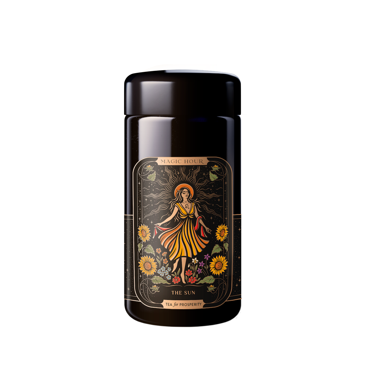 A black tea tin labeled &quot;Magic Hour&quot; featuring the design &quot;The Sun.&quot; The tin showcases a vibrant illustration of a woman in a flowing dress, surrounded by sunflowers and celestial elements, with hints of Moringa. The phrase &quot;Tea for Prosperity&quot; is inscribed at the bottom.