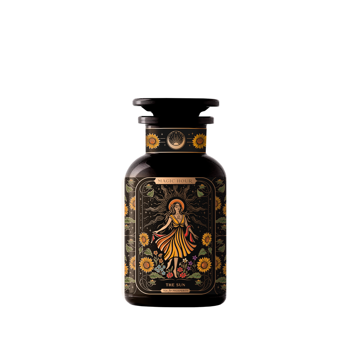 A dark amber bottle from Magic Hour, adorned with ornate label designs, features an illustration of a woman in a yellow dress surrounded by sunflowers and foliage. Titled "The Sun: Energizing Adaptogenic Herbal Tea with Yaupon, Moringa & Turmeric," the bottle has a black cap and displays intricate floral patterns with a mystical theme.