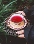 Someone in a dark sleeve holds a decorative teacup filled with red tea on a matching saucer, with green leafy plants and the Crystal Grid: Flower of Life Tea Ceremony Altar softly visible in the blurred background.